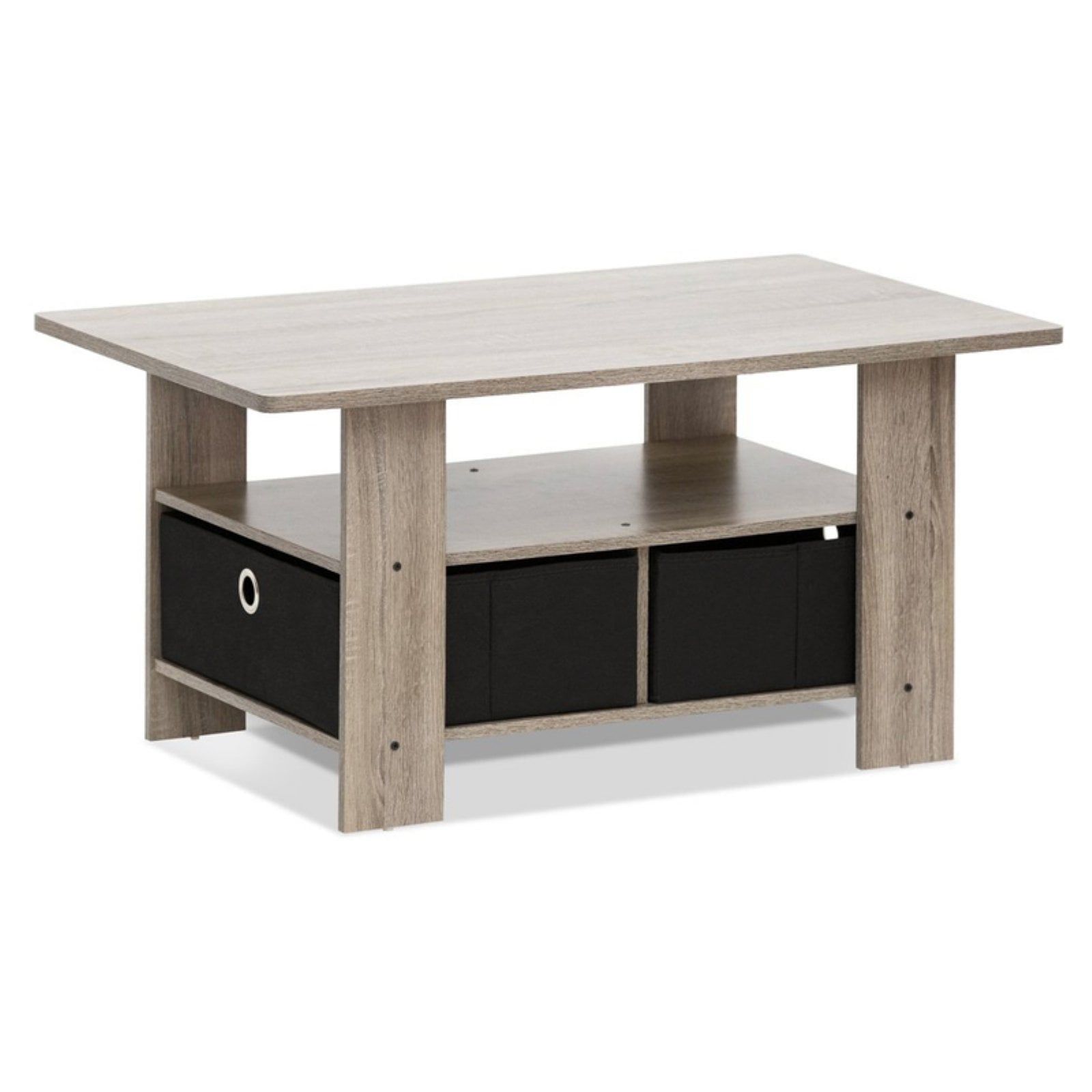French Oak Gray and Black Wood Coffee Table with Storage Bins