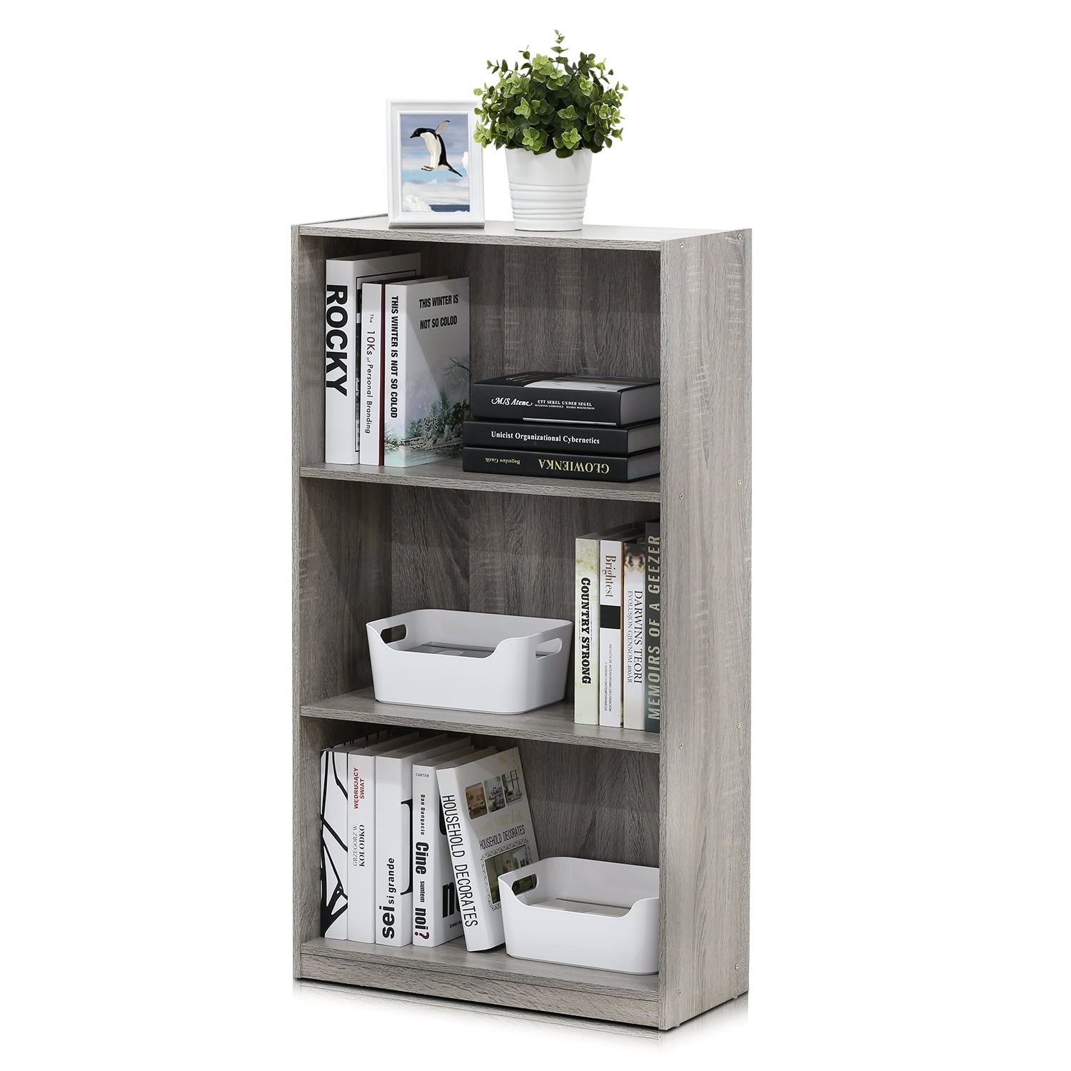 Gray 45" Engineered Wood 3-Tier Bookcase