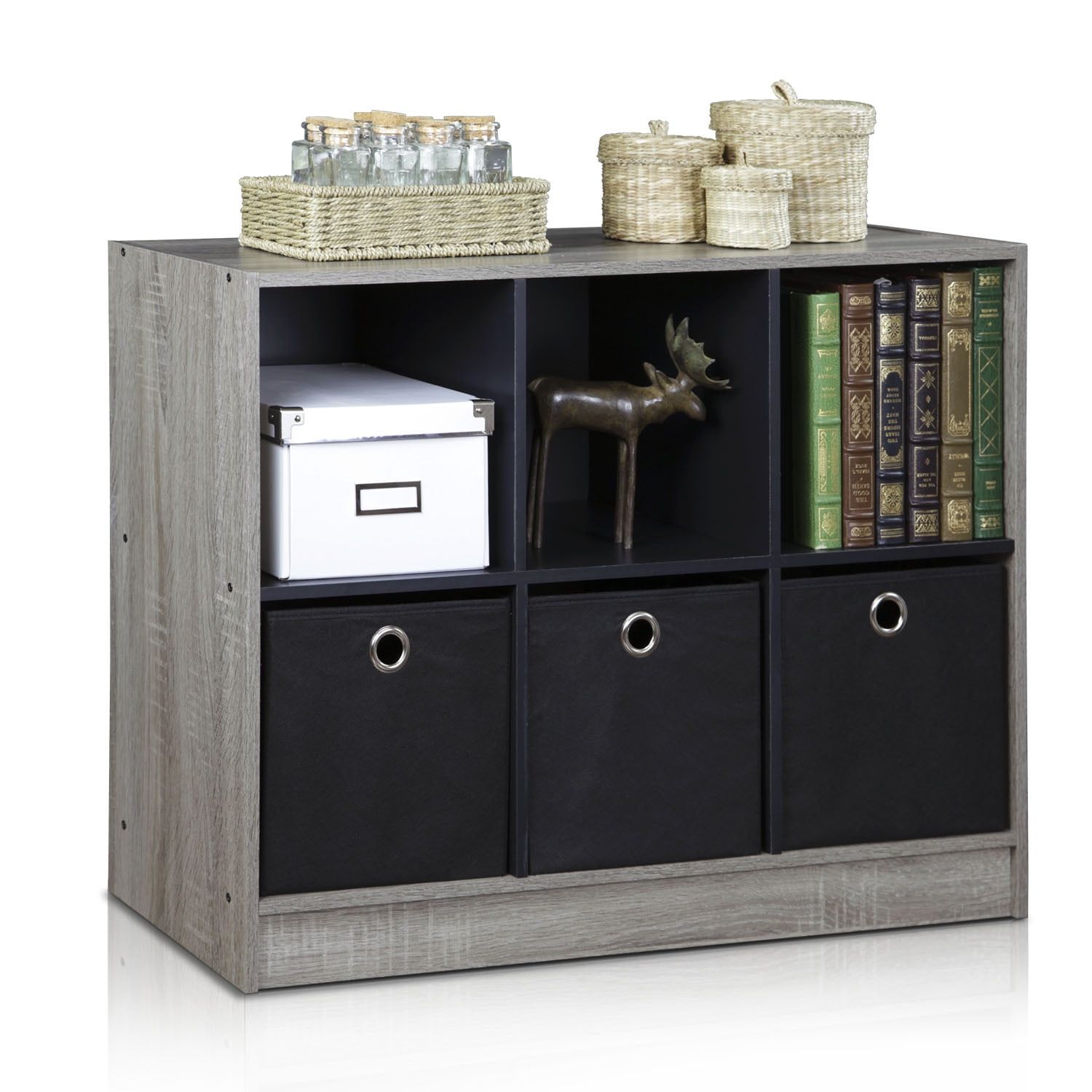 Gray Oak and Black 34" Modern Bookcase with Fabric Drawers