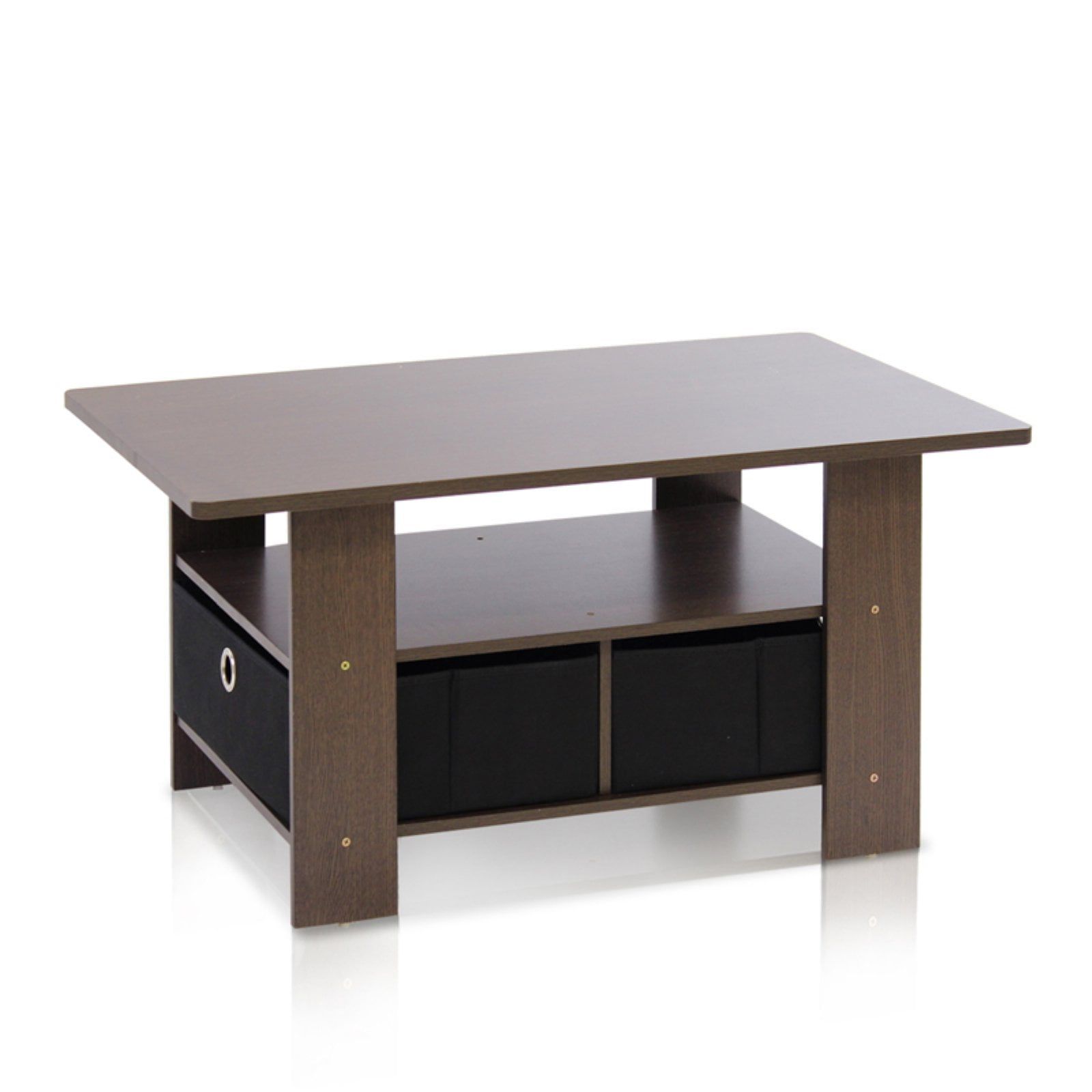 Compact Dark Brown Laminated Engineered Wood Coffee Table with Storage Bins