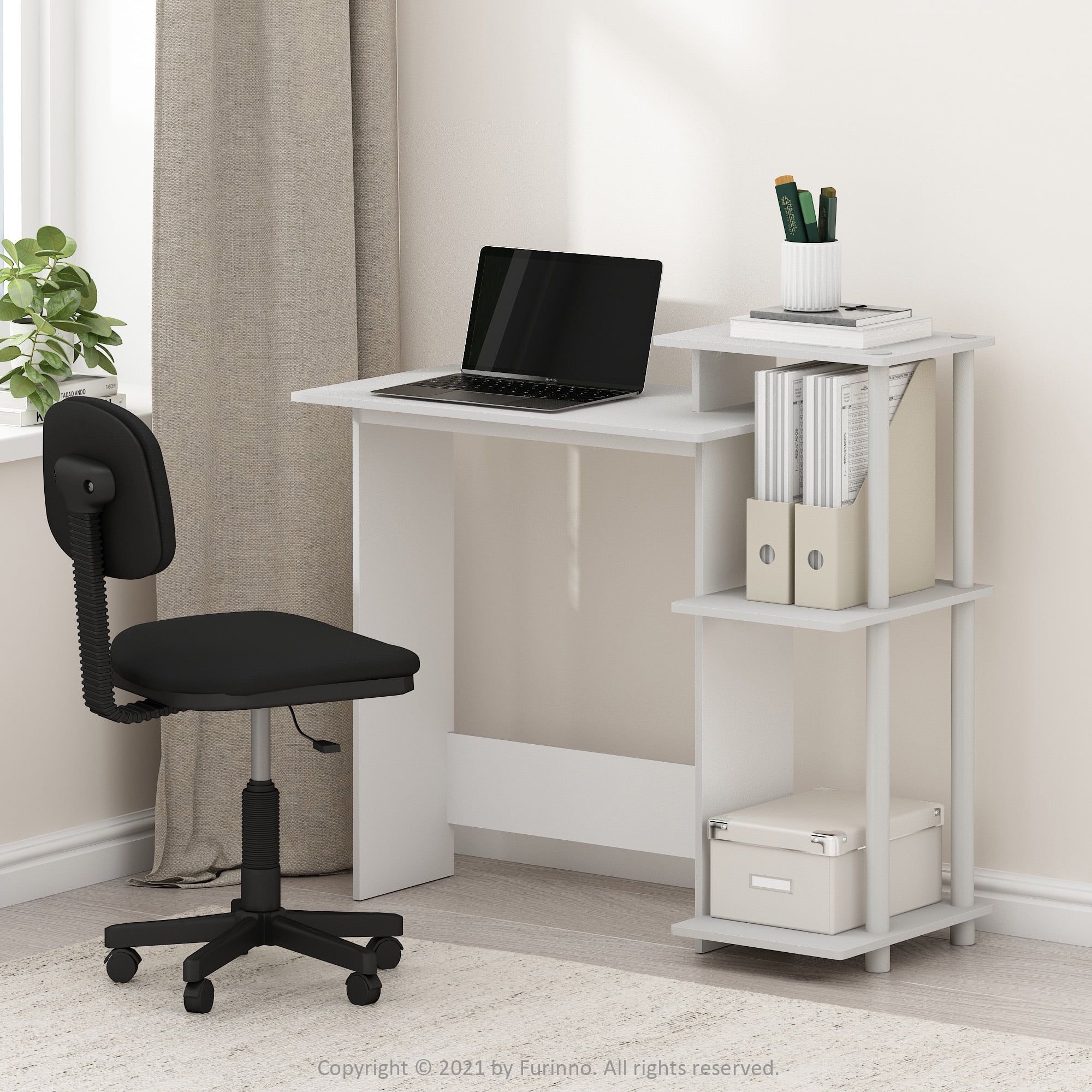 White Compact Wood Laptop Desk with Side Shelves