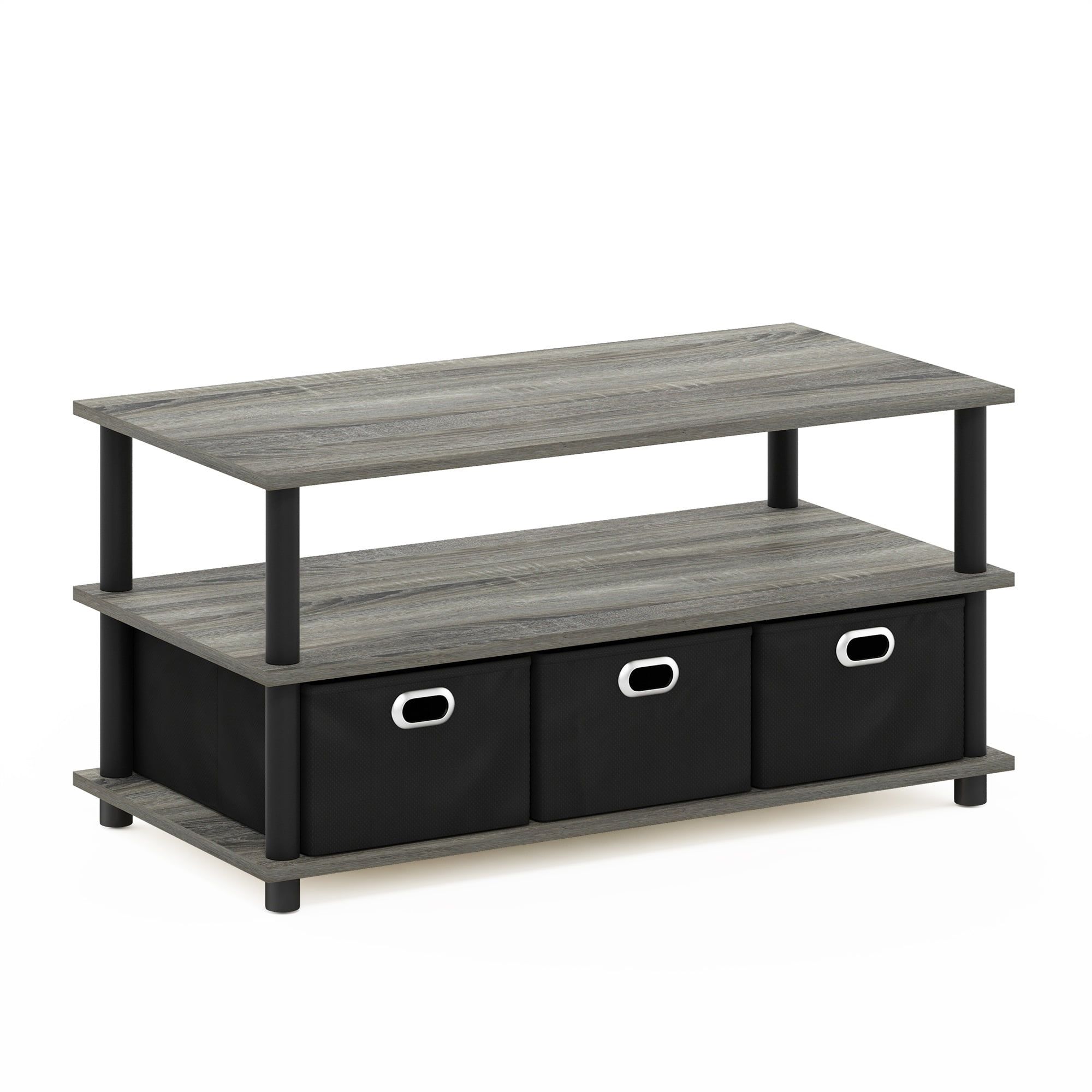 French Oak Gray Rectangular Coffee Table with Storage Bins