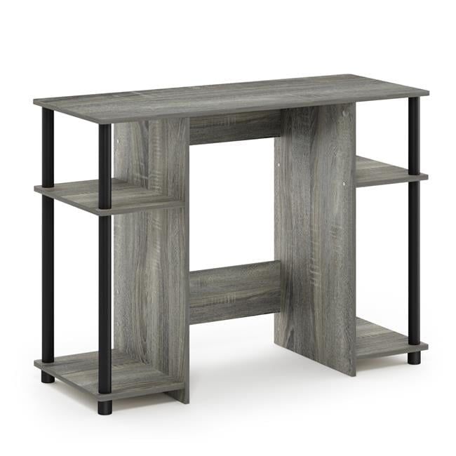 Compact French Oak Gray and Black Computer Desk with Shelves