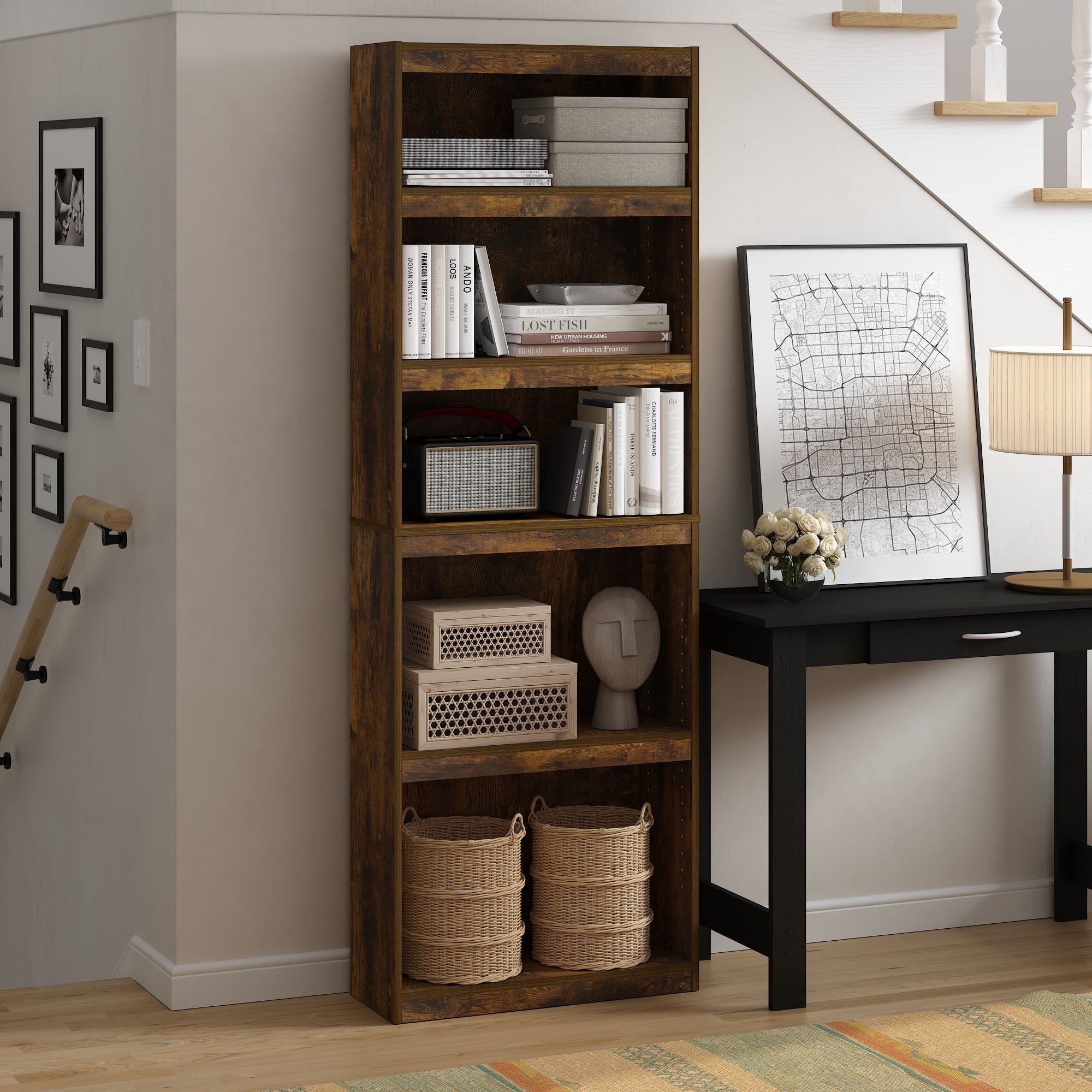 Amber Pine Adjustable 5-Tier Wooden Bookshelf