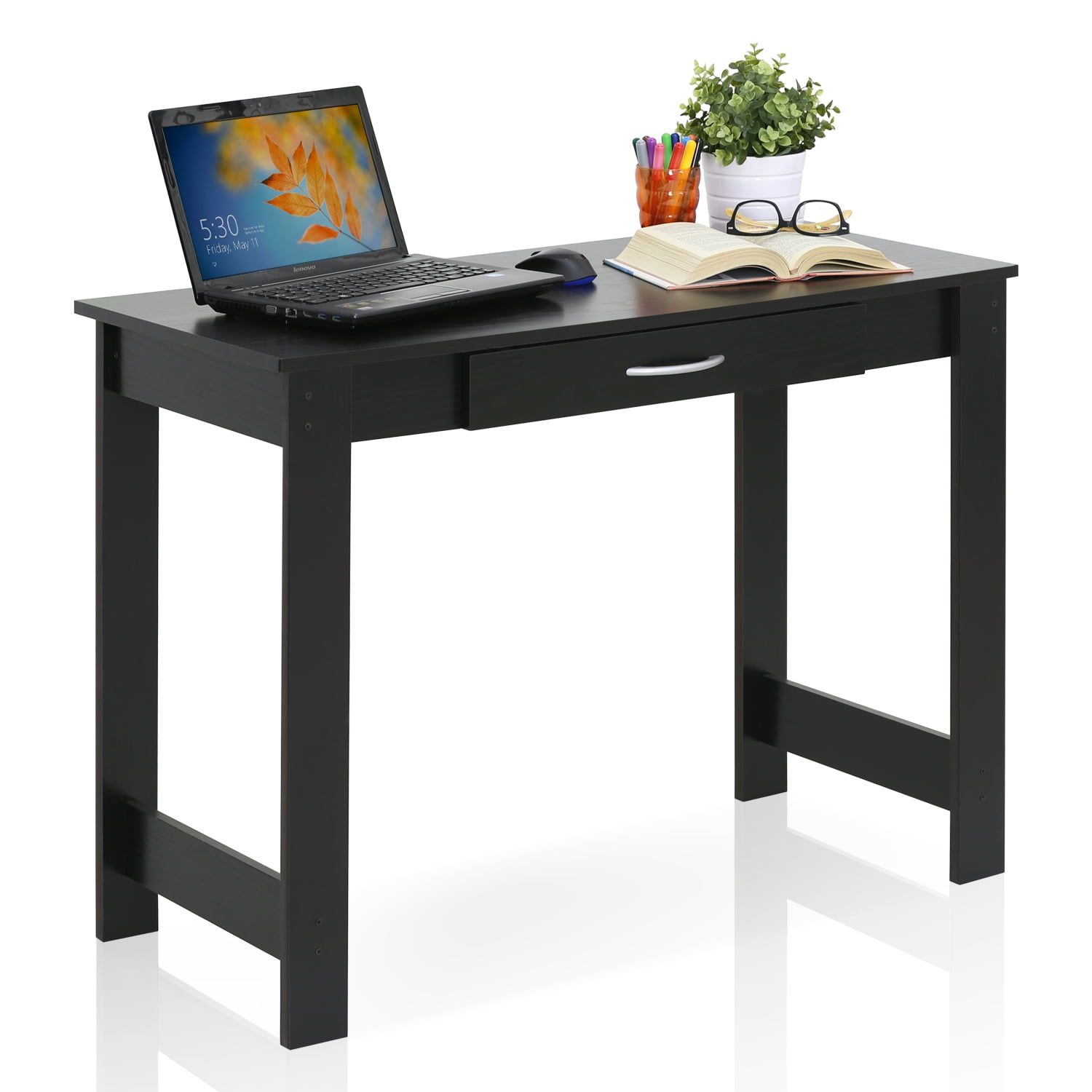 Sleek Black Composite Wood Writing Desk with Drawer