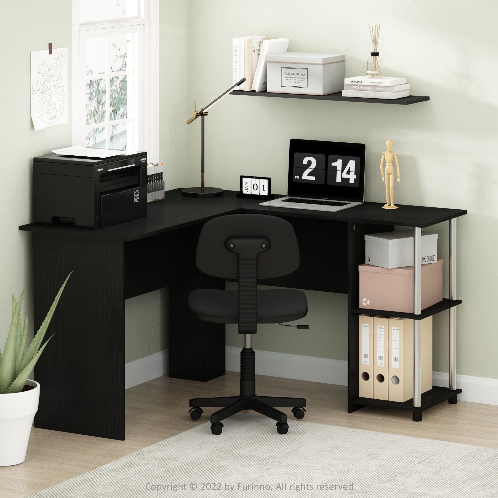 Americano Wood and Chrome L-Shaped Computer Desk with Open Shelves