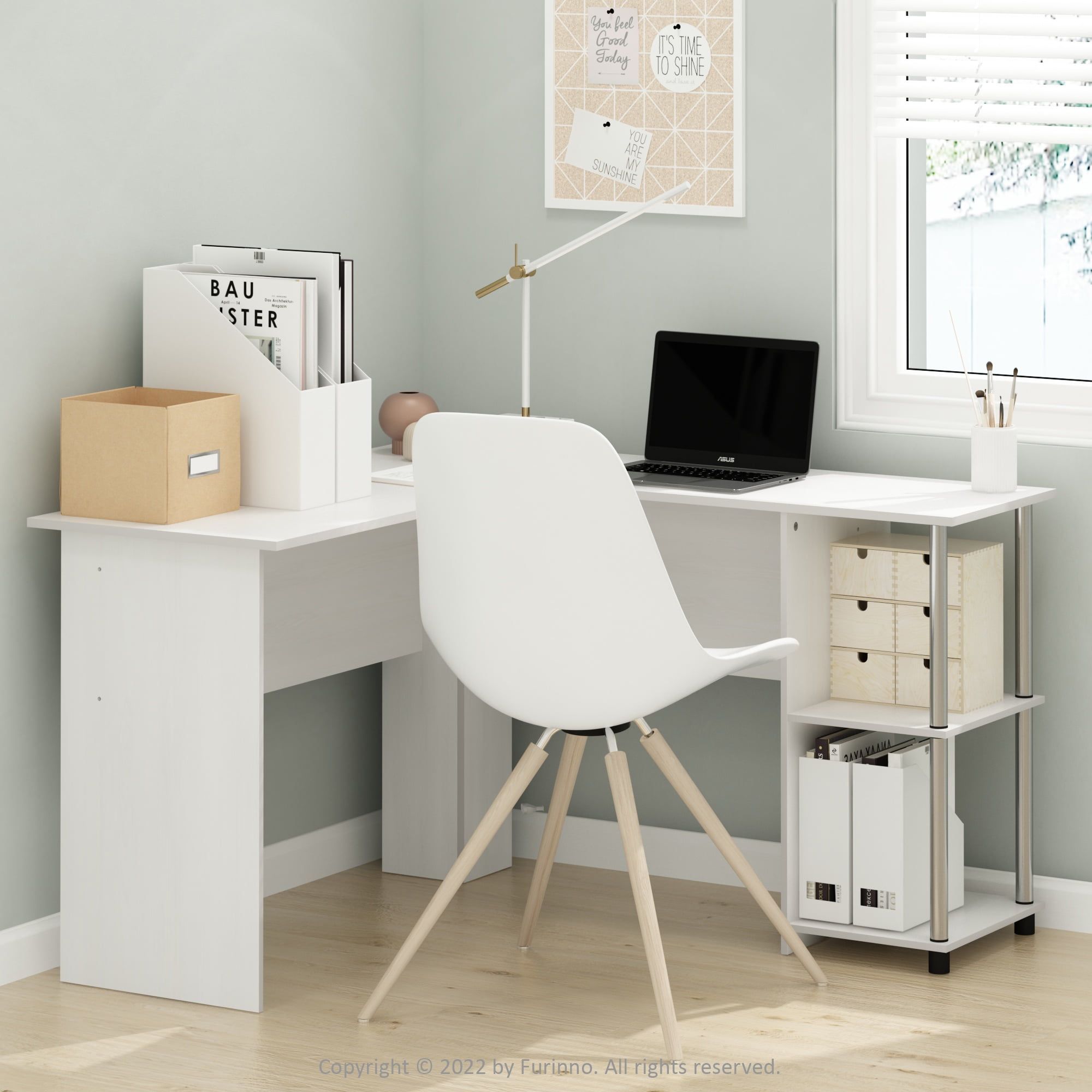 White Oak L-Shape Corner Desk with Shelves