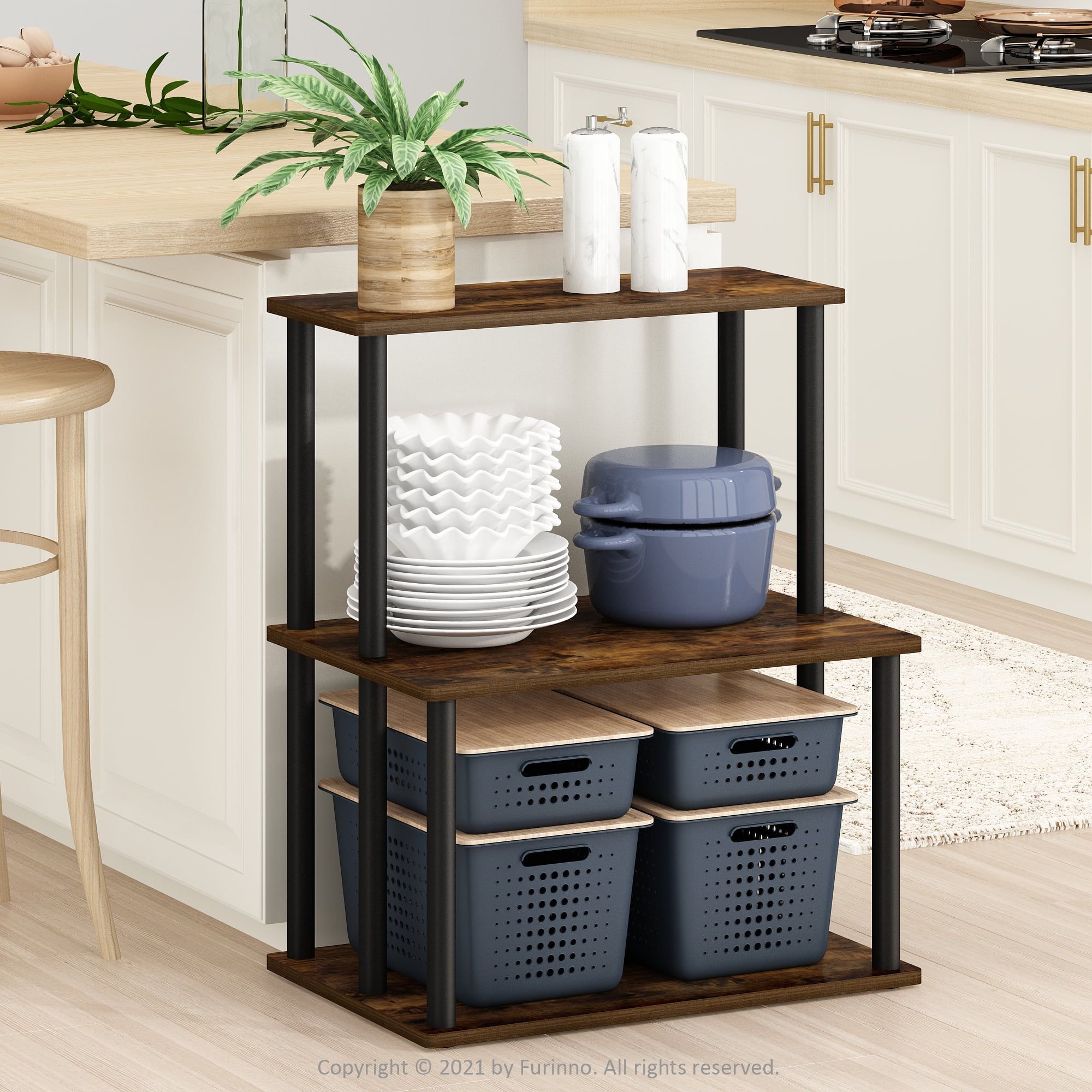 Amber Pine and Black 3-Tier Kitchen Storage Cart with Shelves