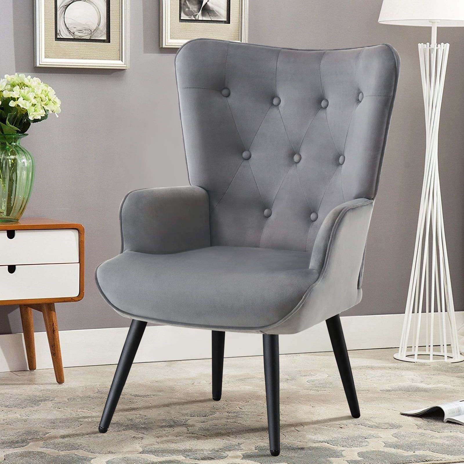 Gray Velvet Wingback Accent Chair with Metal Legs