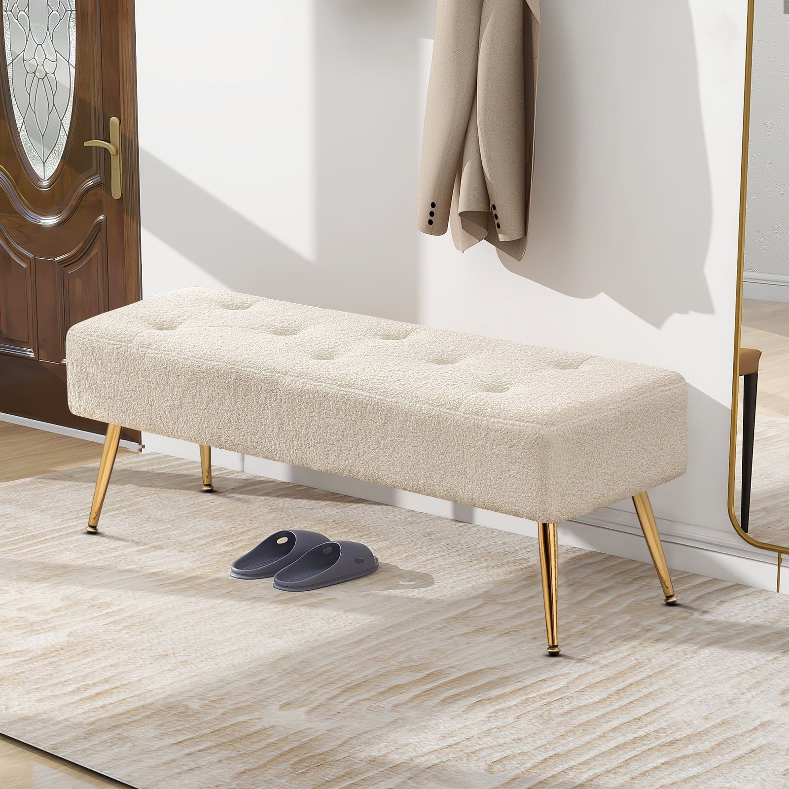 Ivory White Tufted Faux Leather Bench with Gold Metal Legs