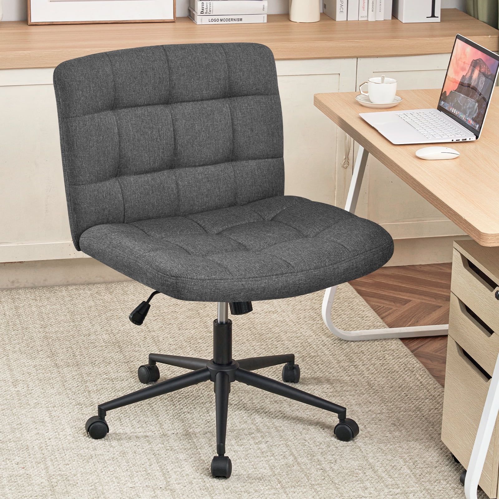 Dark Gray Linen Modern Swivel Office Chair with Wheels