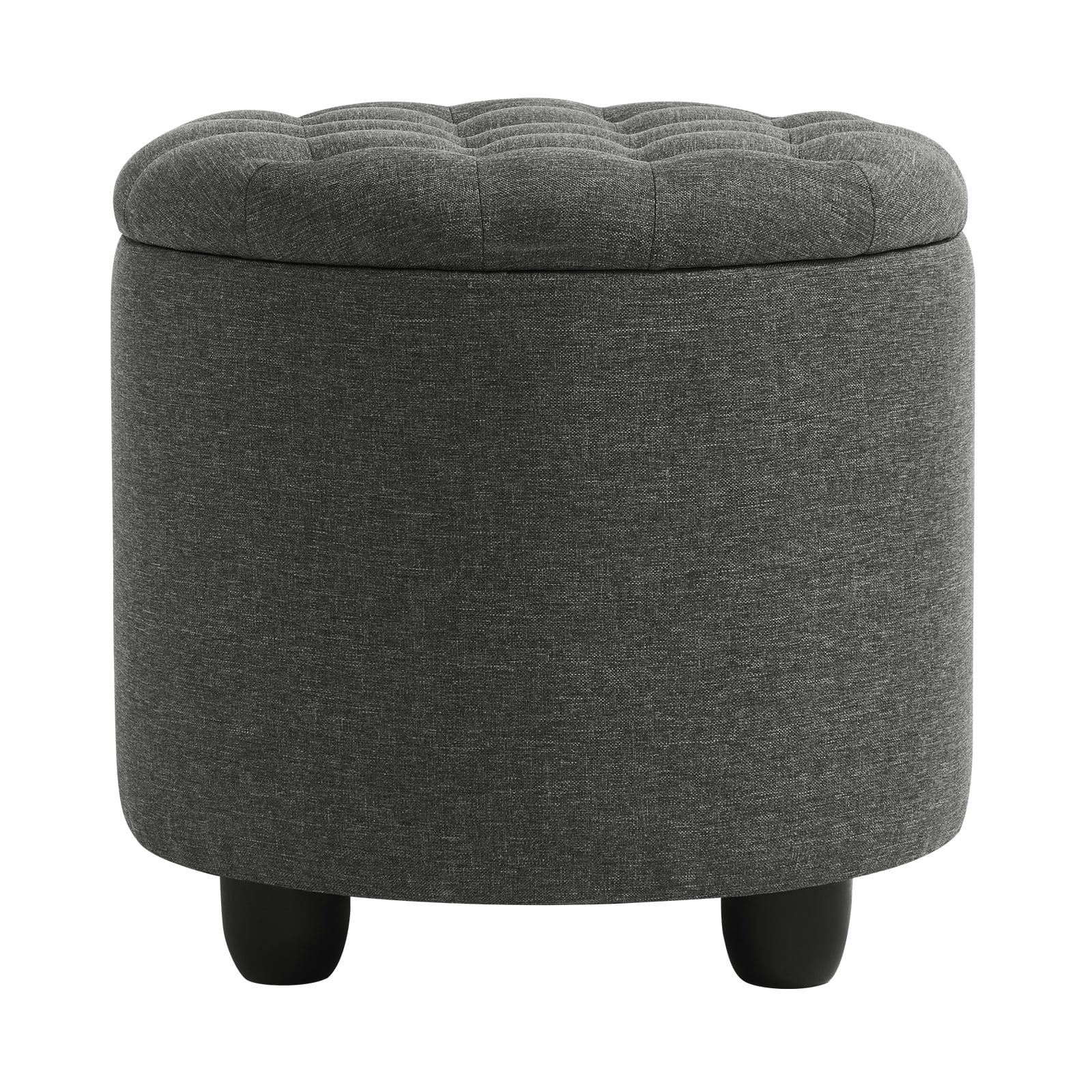 Dark Gray Linen Round Storage Ottoman with Black Wood Legs