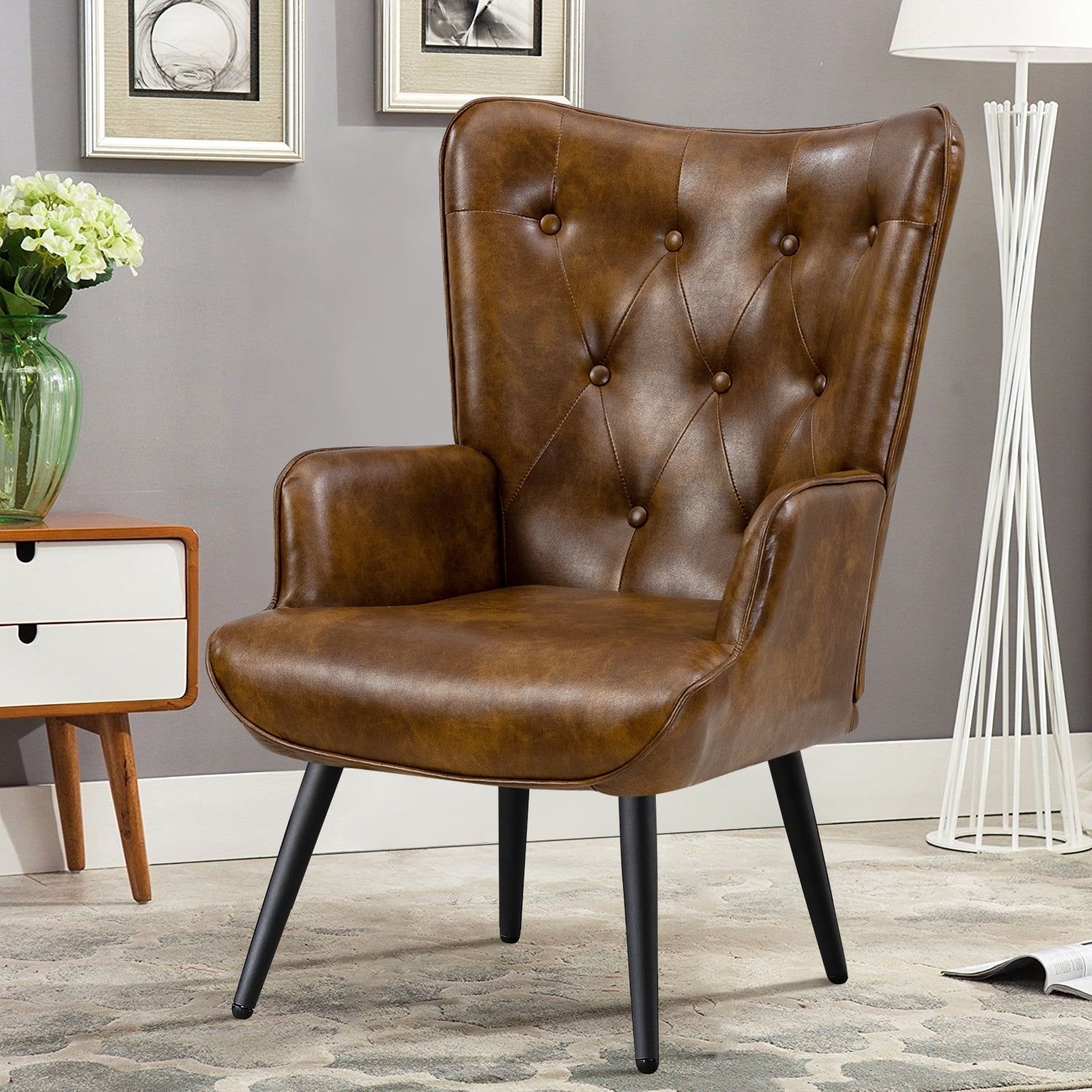 Brown Faux Leather Wingback Accent Chair with Metal Legs