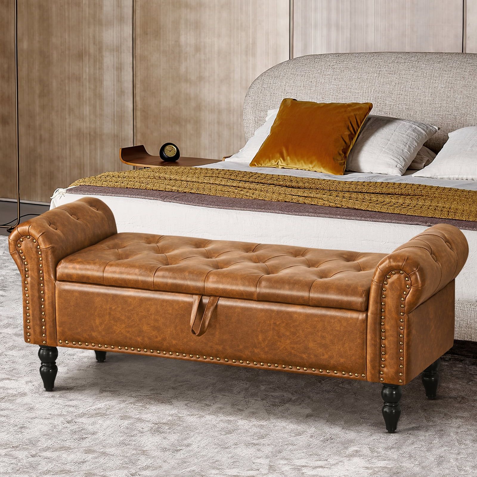 Yellow Brown Faux Leather Tufted Storage Bench with Black Legs