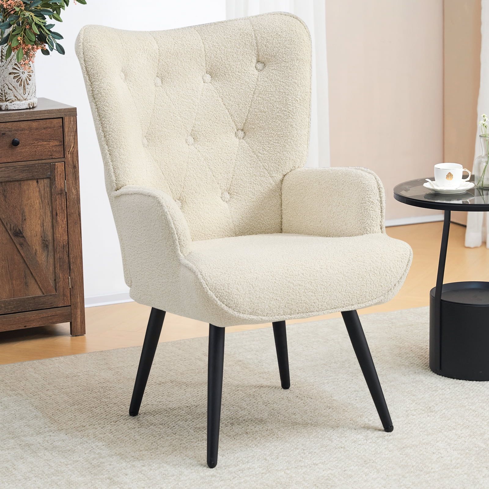 Ivory Sherpa Tufted Wingback Accent Chair with Black Legs