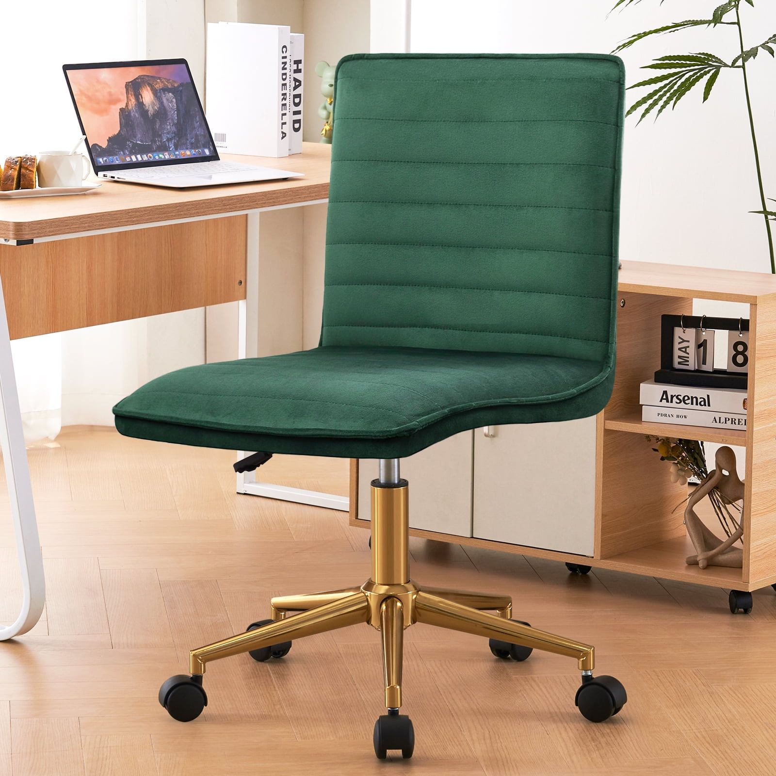 Dark Green Velvet Armless Swivel Task Chair with Gold Base