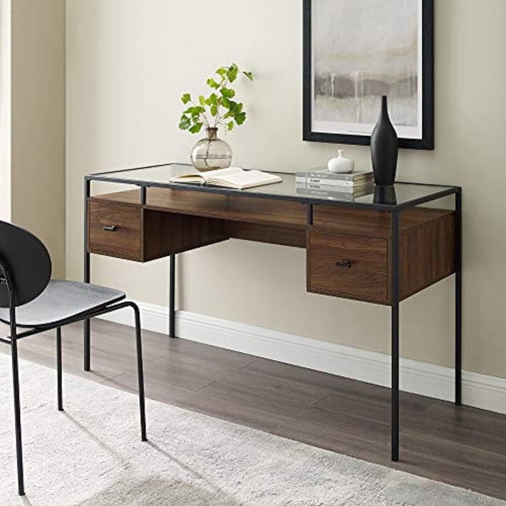 Modern Dark Walnut 56" Glass-Top Writing Desk with Drawers