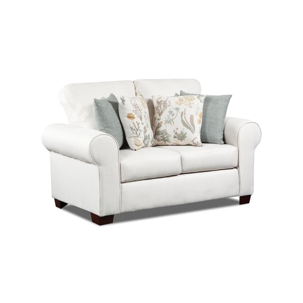 White Polyester Rolled Arm Loveseat with Teal and Tan Pillows