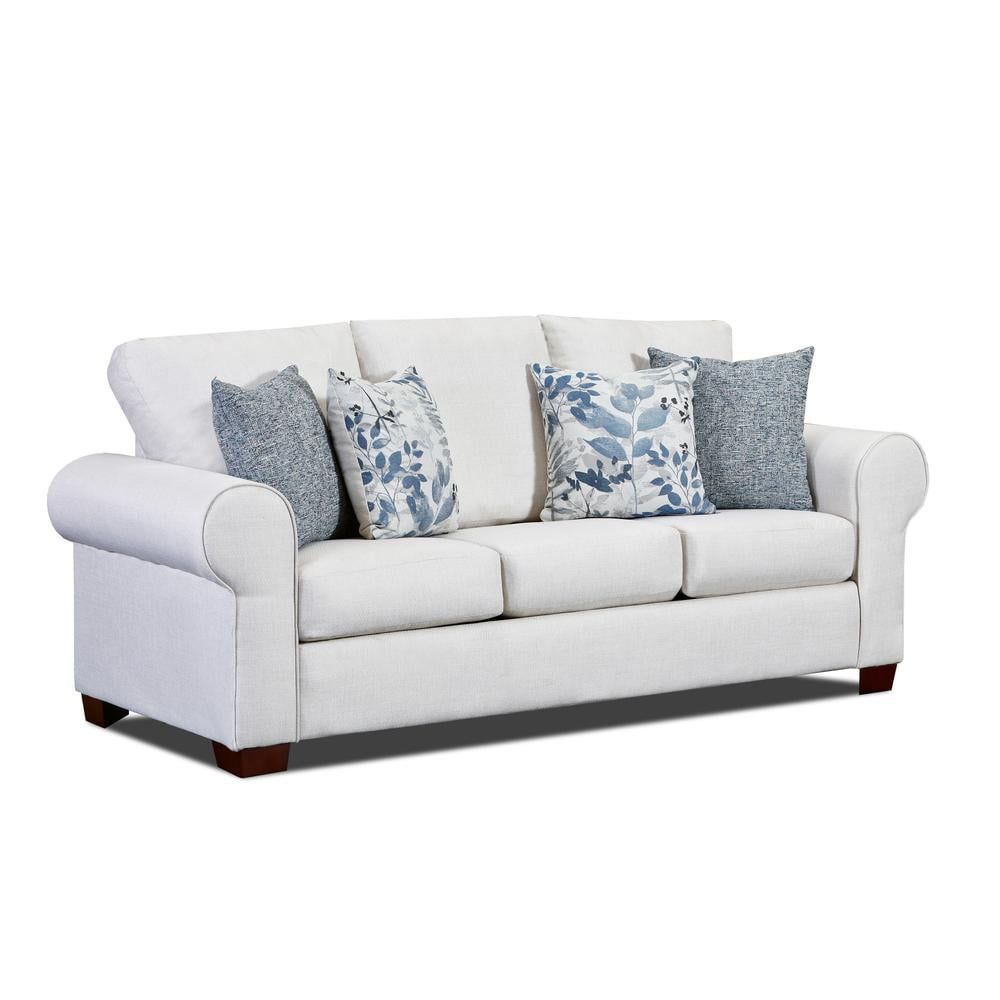 Pembroke White Fabric Sofa with Blue Floral Pillows