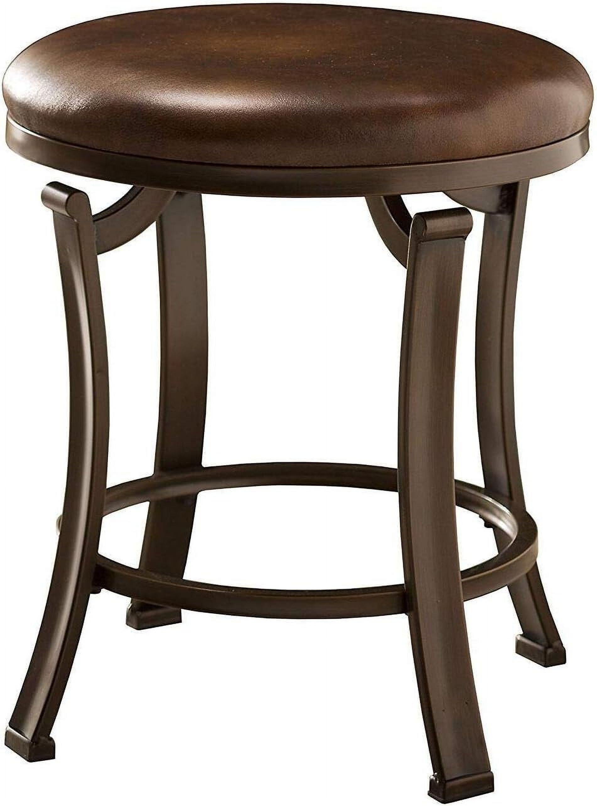 Antique Bronze Backless Vanity Stool with Brown Faux Leather Seat