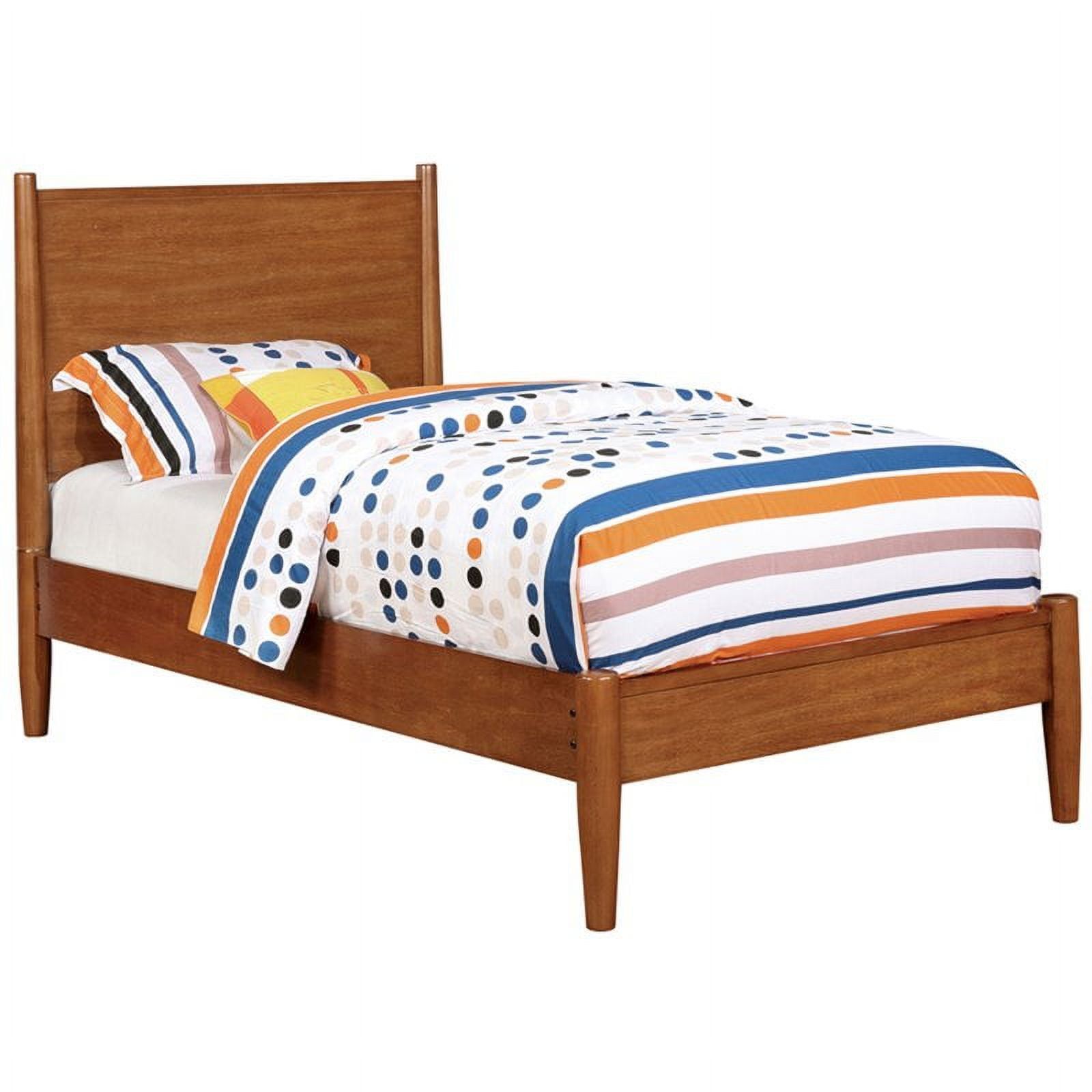 Mid-Century Modern Twin Bed with Drawer in Oak Finish