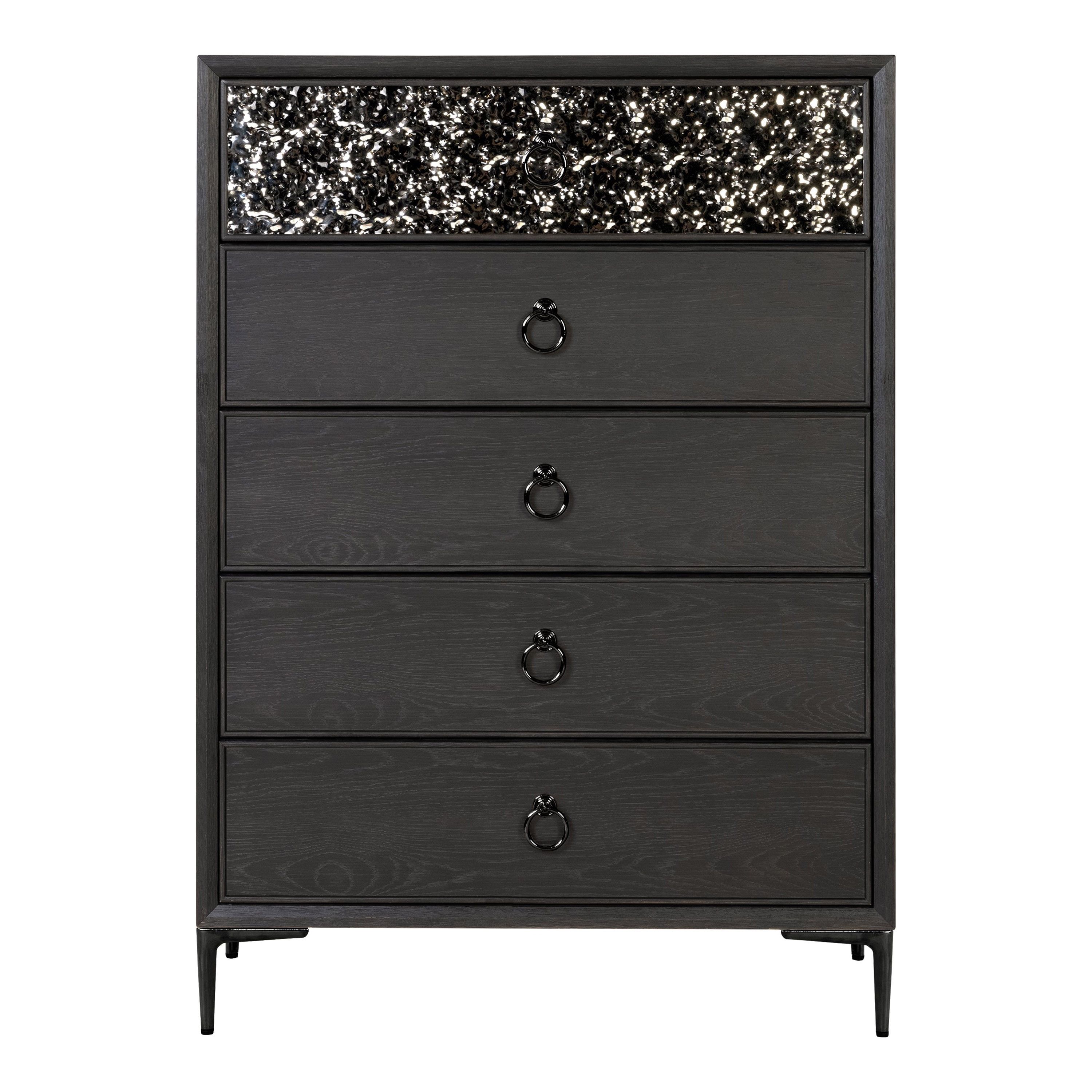 Espresso Solid Wood Vertical Chest with Hammered Stainless Steel Panel