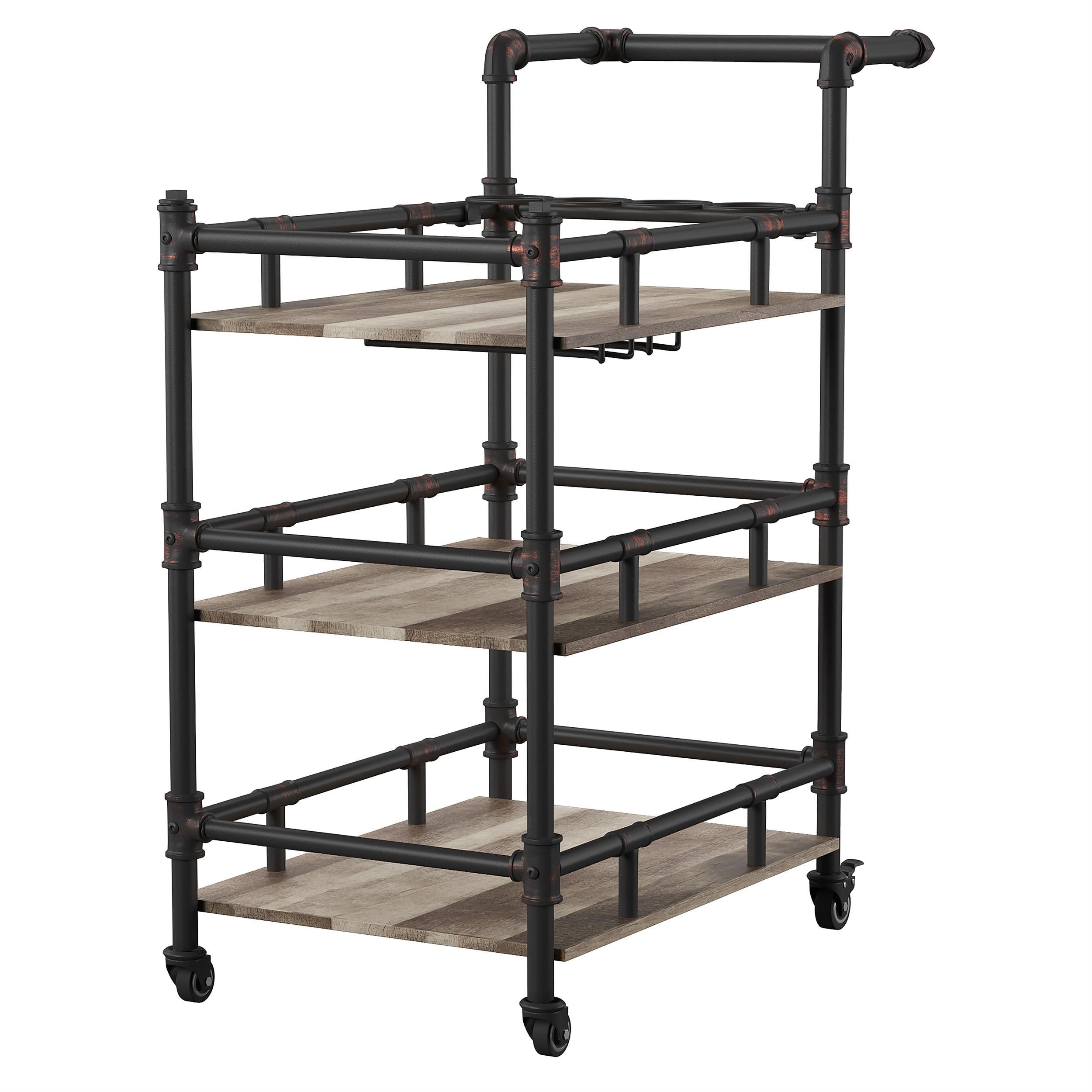 Industrial Sand Black Metal Bar Cart with Oak Shelves