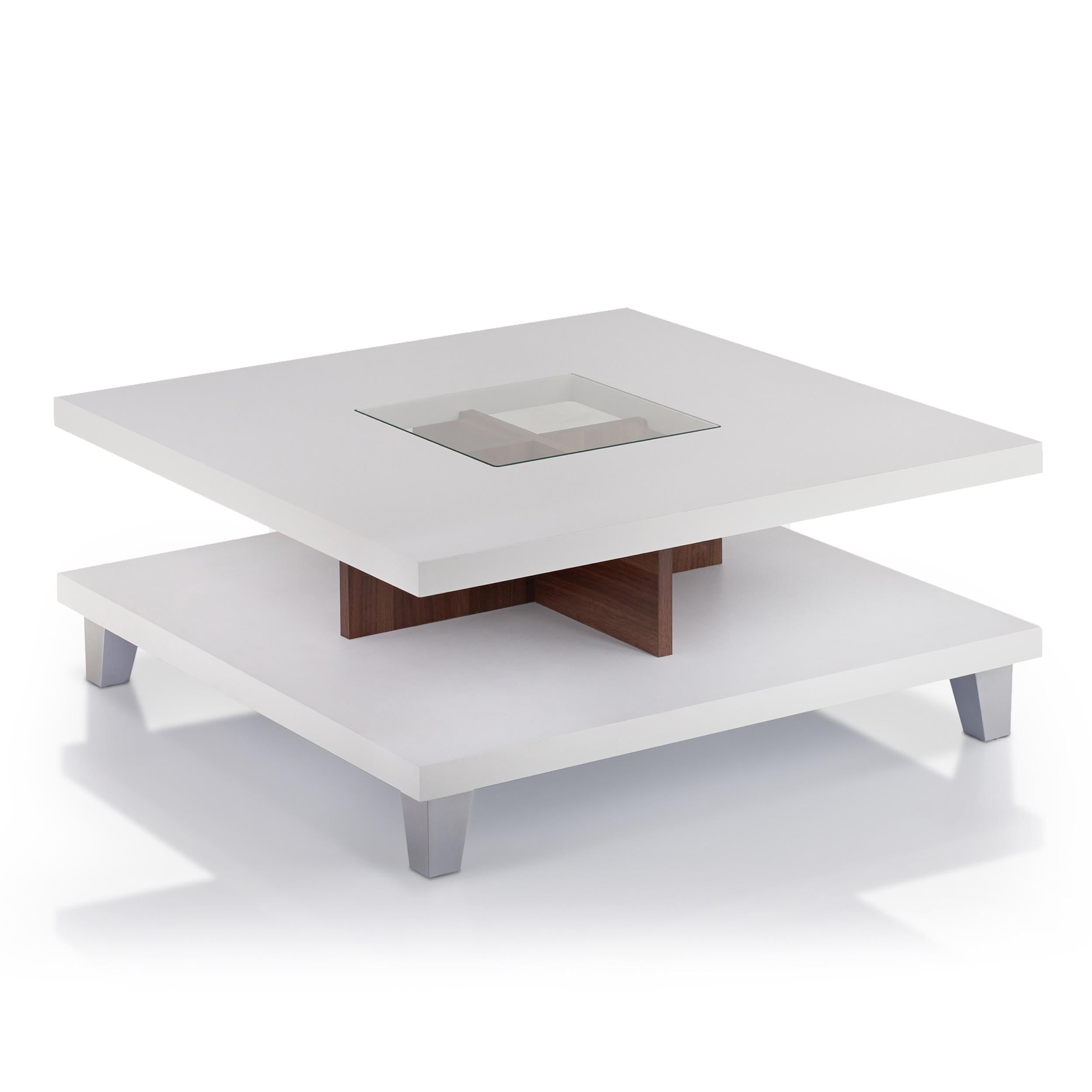 White and Walnut Two-Tier Square Coffee Table with Storage