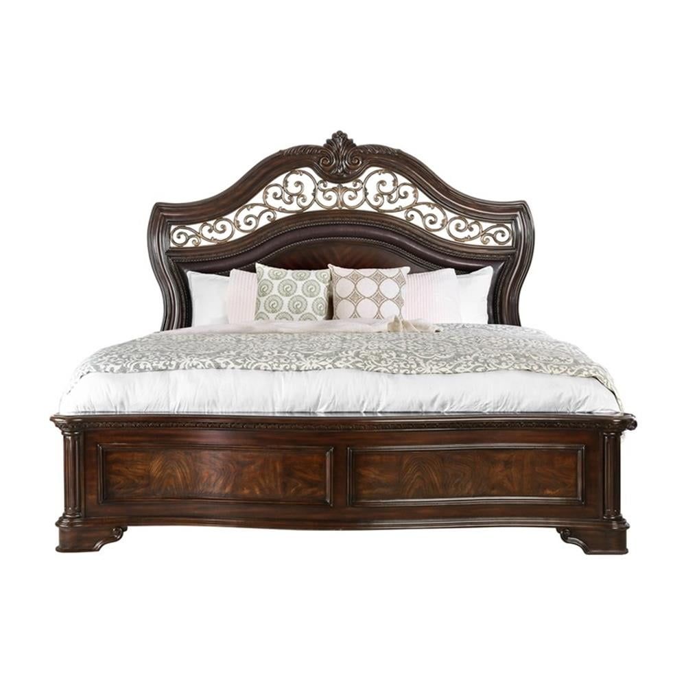 Brown Cherry Queen Panel Bed with Upholstered Headboard