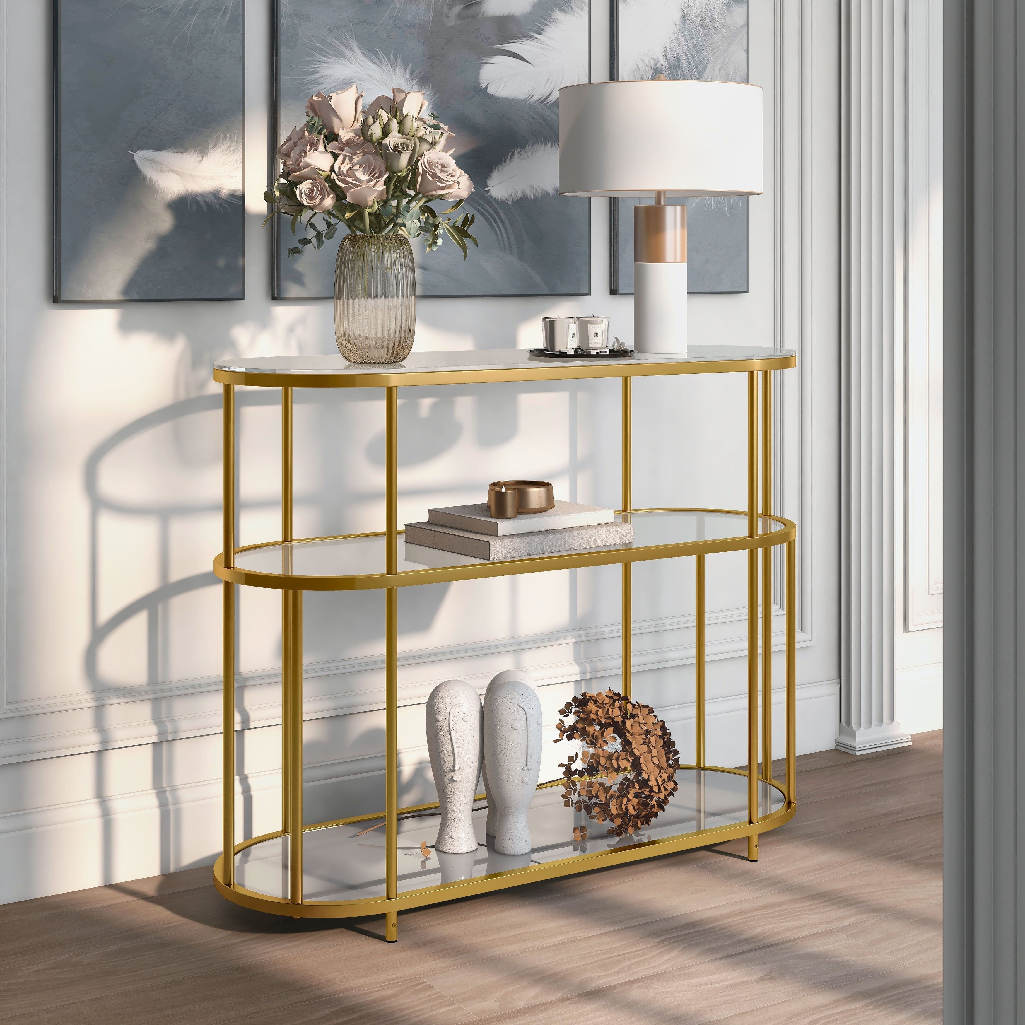 Gold and Glass Oval Sofa Table with Mirrored Shelf