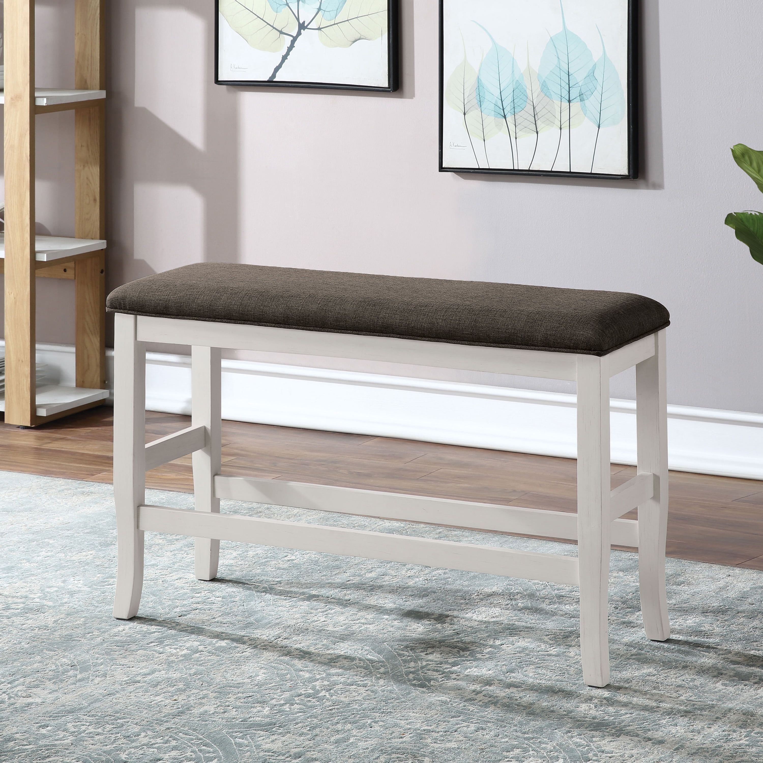 Off-White and Brown Fabric Counter Height Bench with Footrest