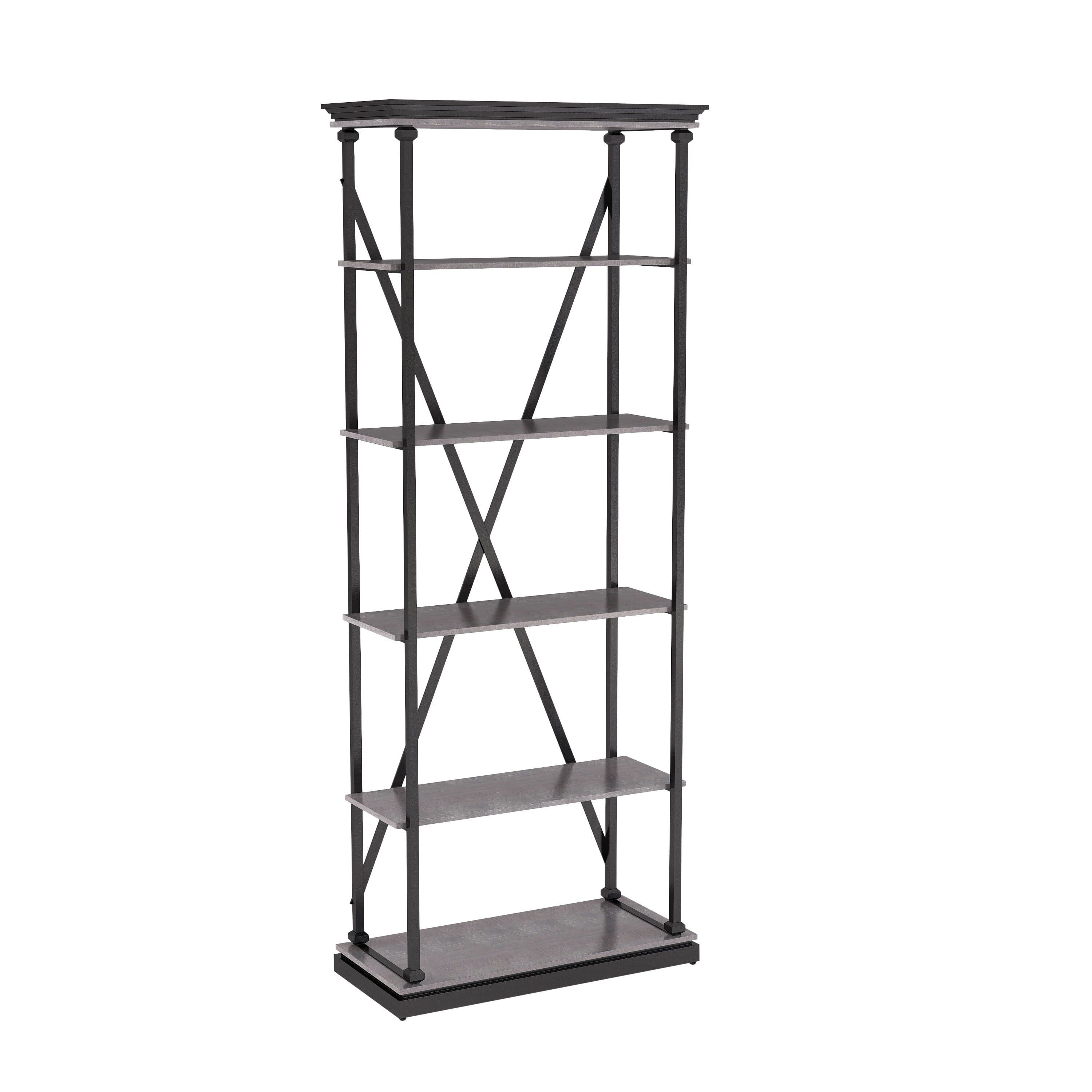 Antique Grey Metal 5-Layer Bookcase with Oak Veneer