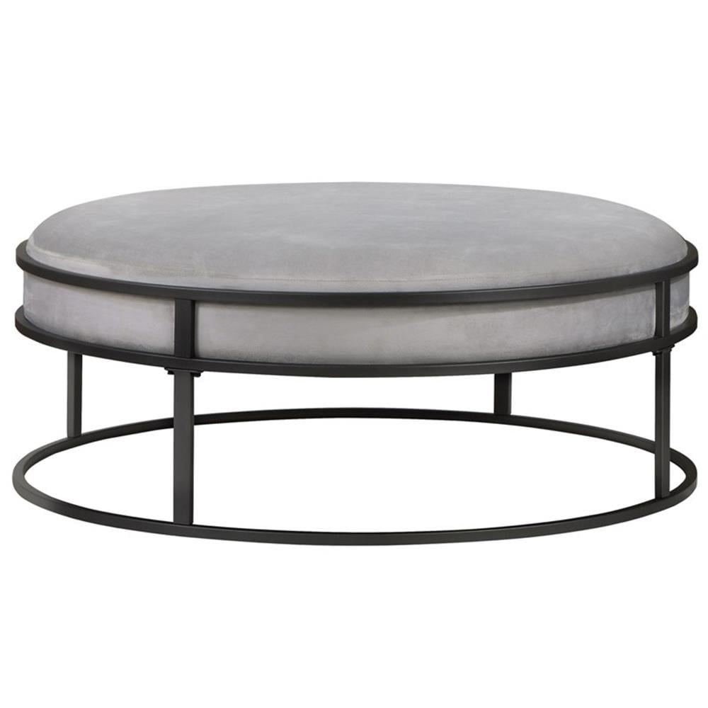 Gray Velvet and Steel Round Cocktail Ottoman with Storage