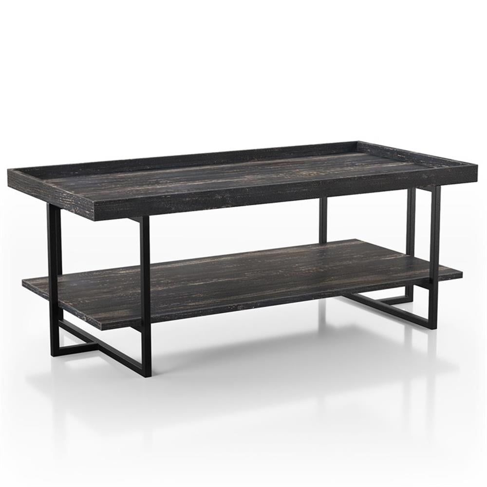 Industrial Black Metal and Wood Rectangular Coffee Table