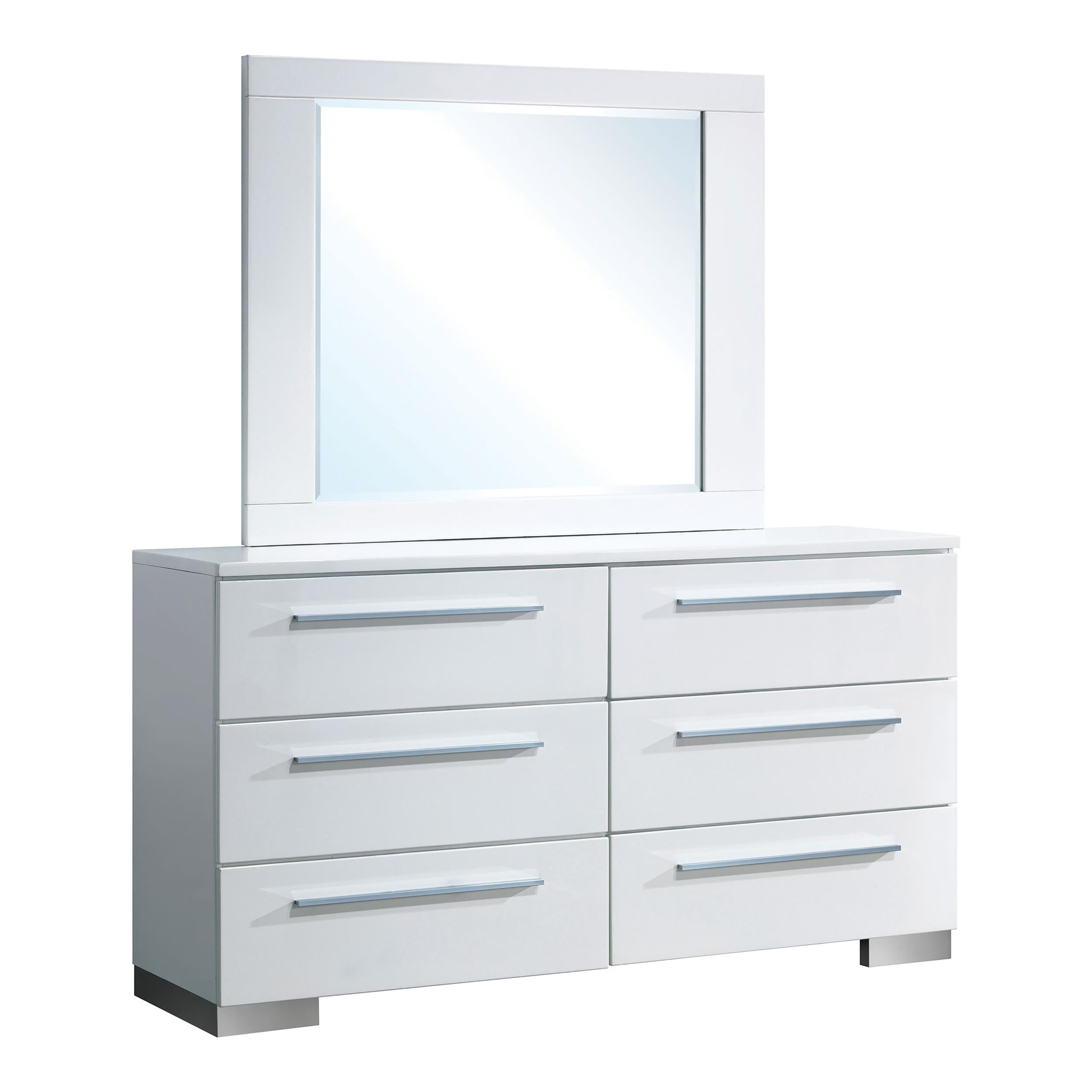 Glossy White Contemporary 6-Drawer Dresser with Beveled Mirror