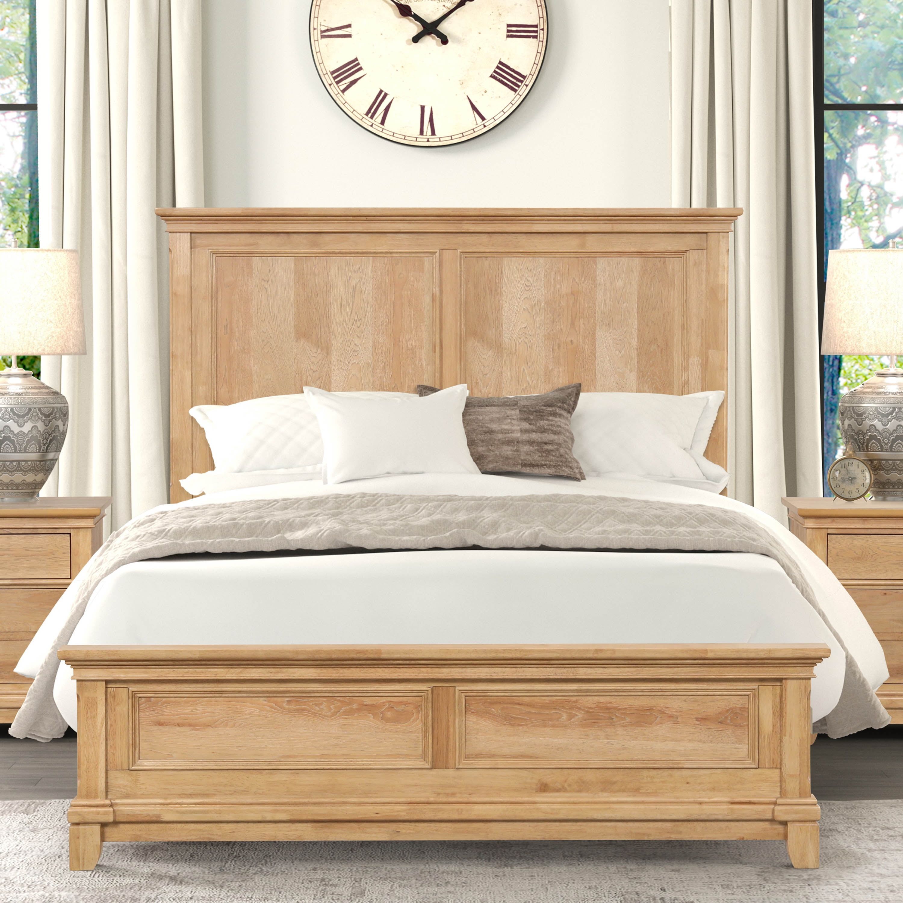 Natural Oak Queen Bed with Plank Headboard and Drawers