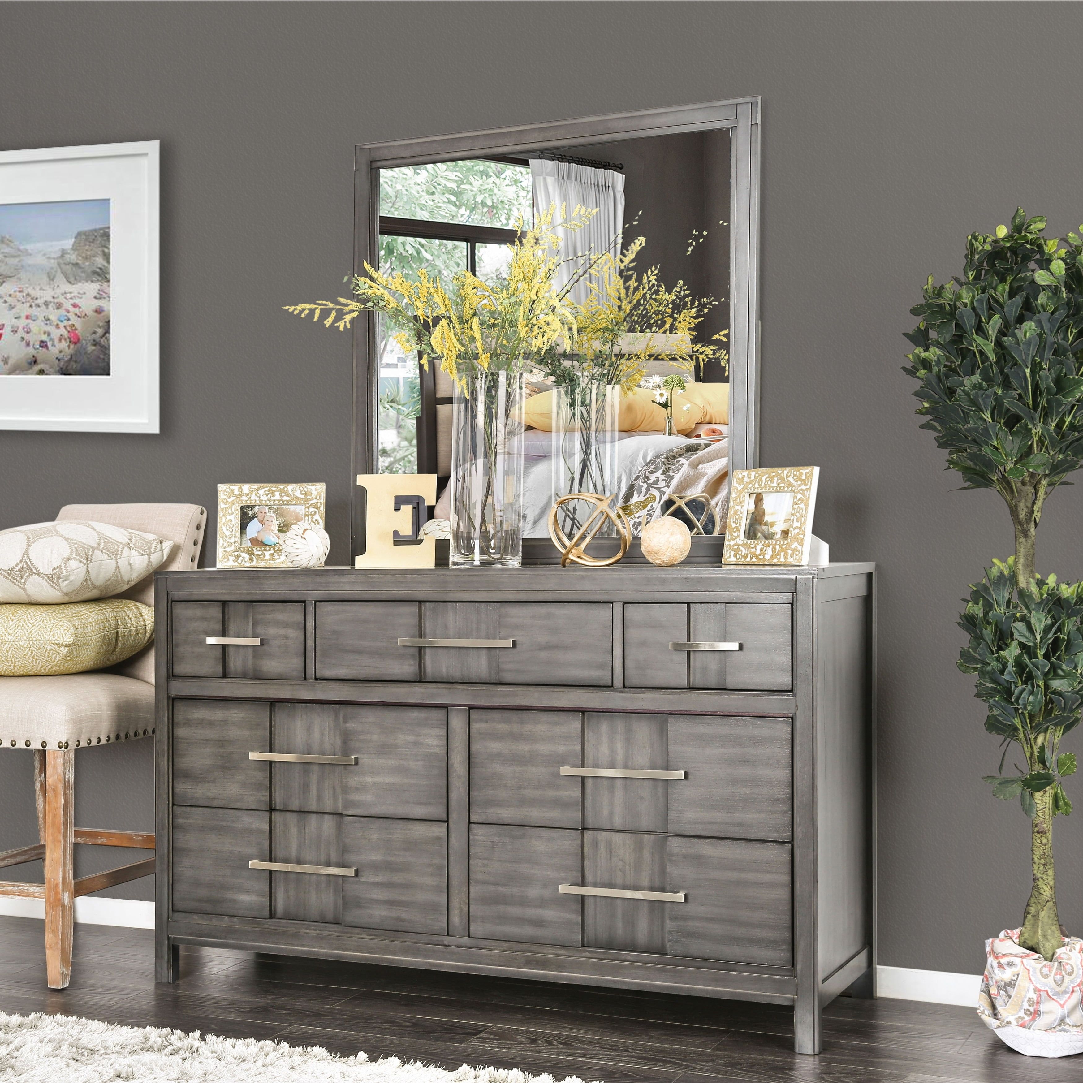 Grey Weathered Light Wood 7-Drawer Dresser and Mirror Set