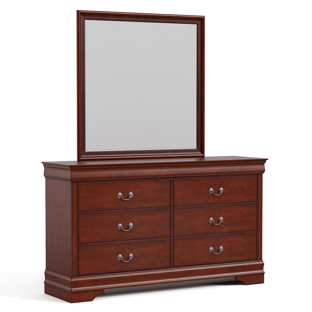 Cherry Wood 6-Drawer Dresser with Mirror and Antique Handles