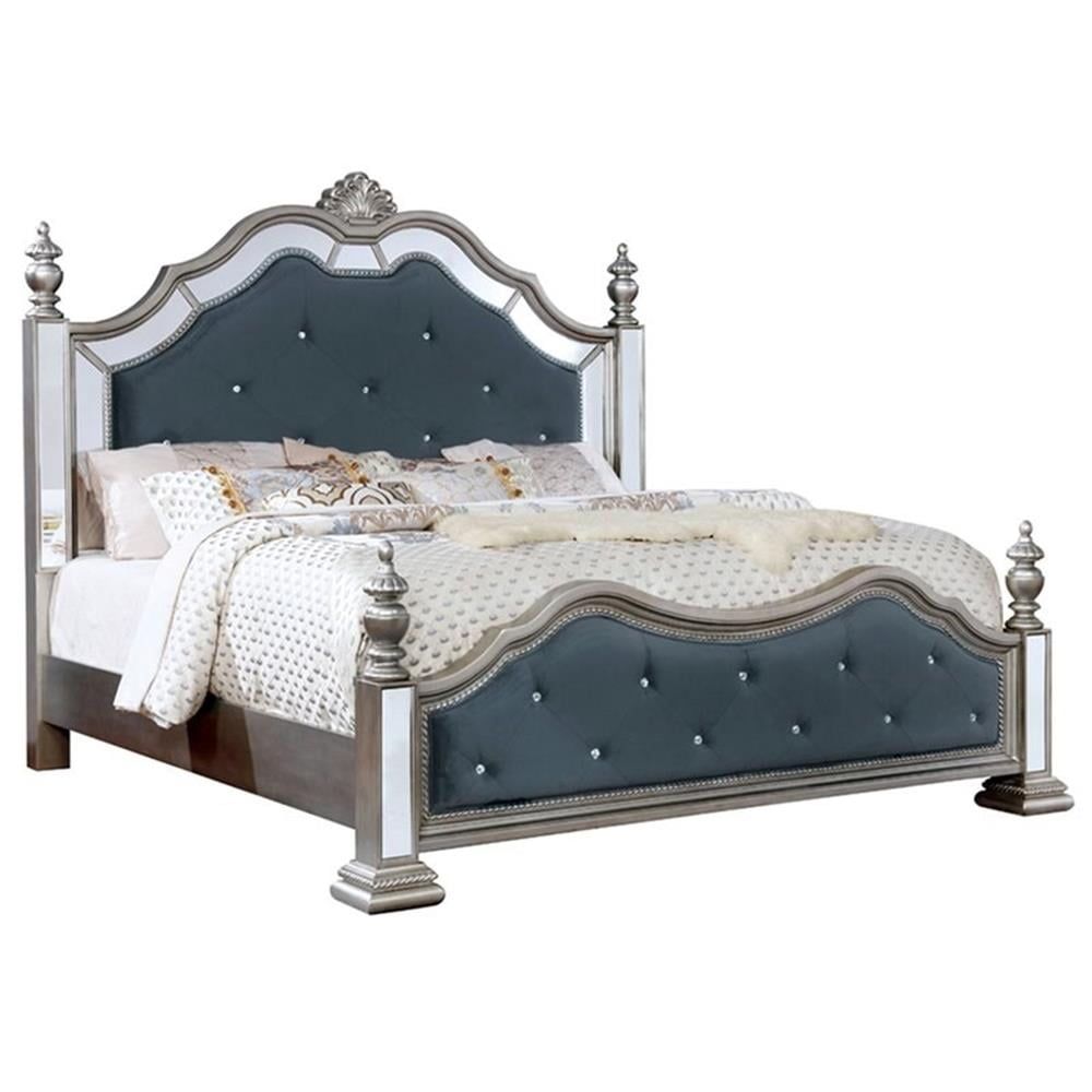 Silver Queen Four-Poster Bed with Upholstered Tufted Headboard