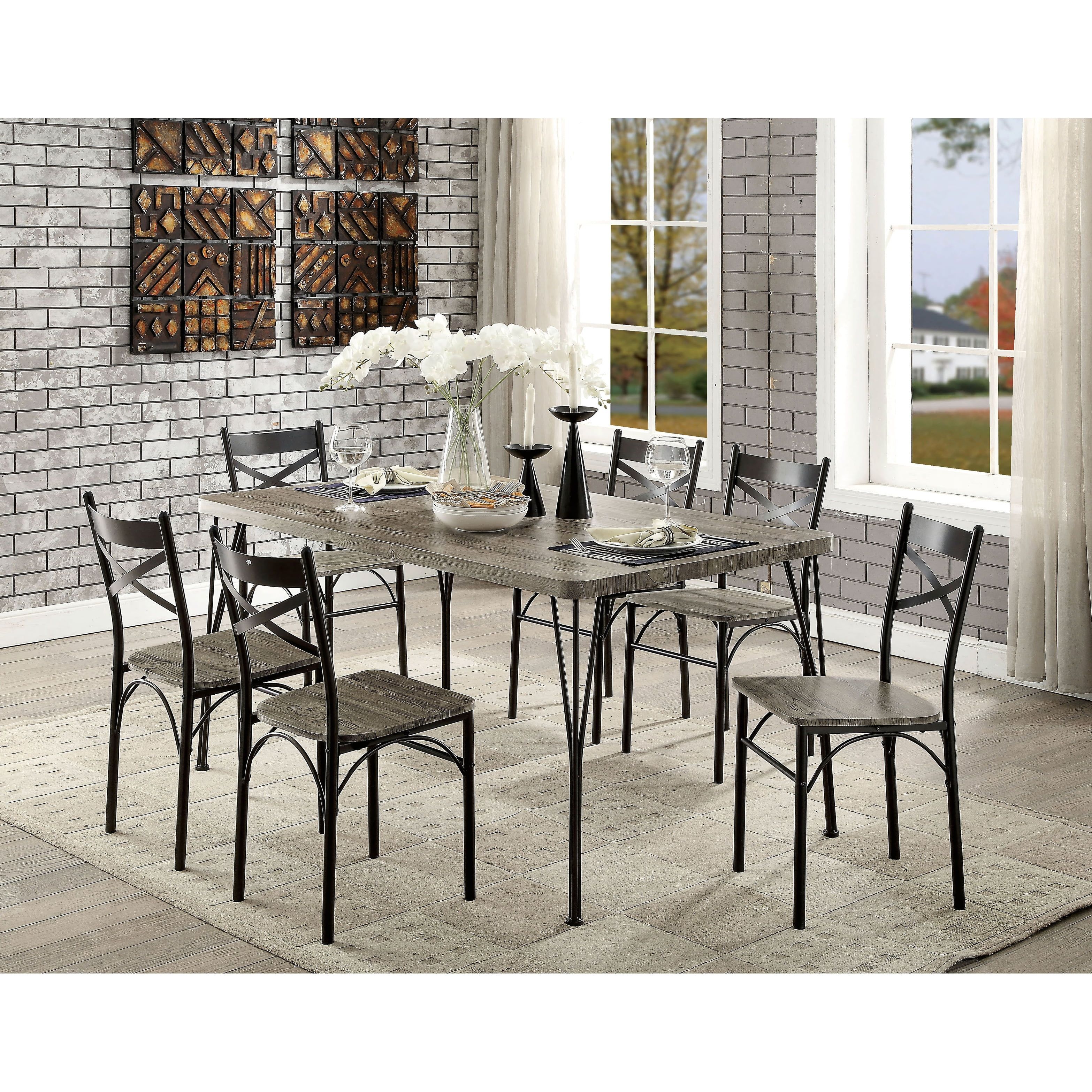 Zath Industrial Dark Bronze Metal and Gray Wood 7-Piece Dining Set