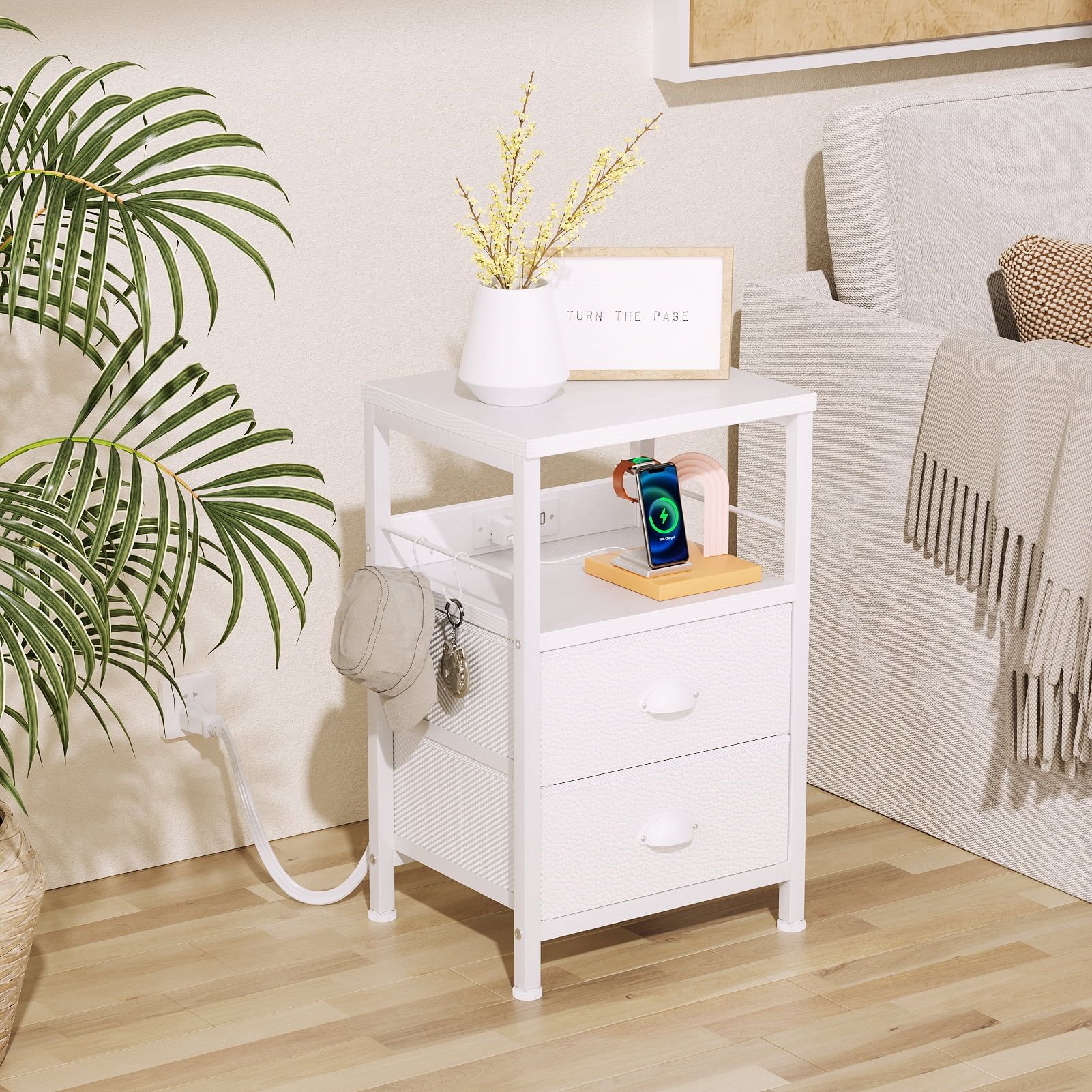 White Nightstand with Charging Station and Fabric Drawers