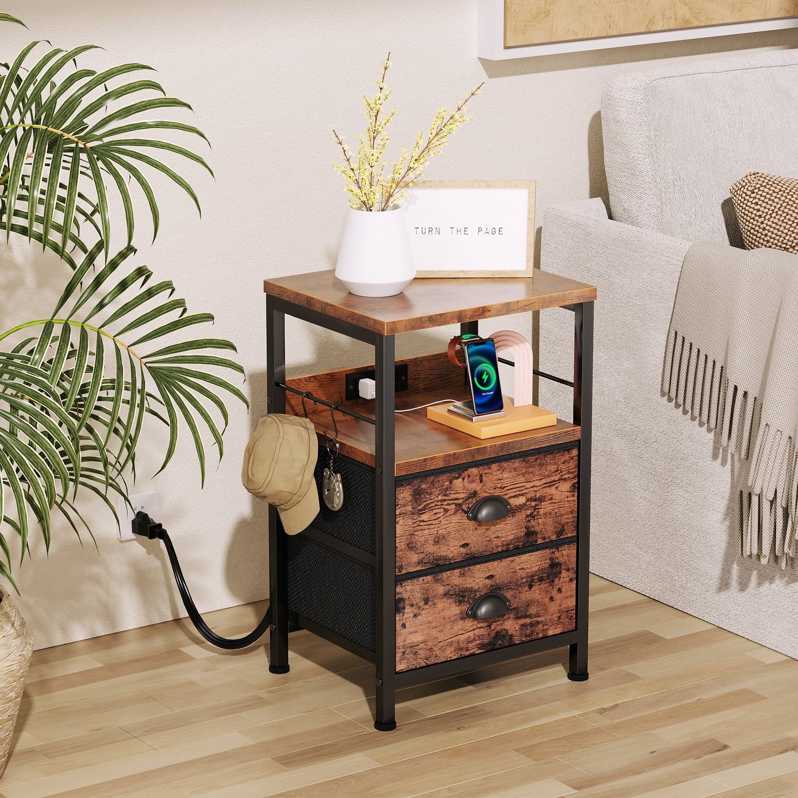 Rustic Brown Metal and Particleboard Nightstand with Charging Station