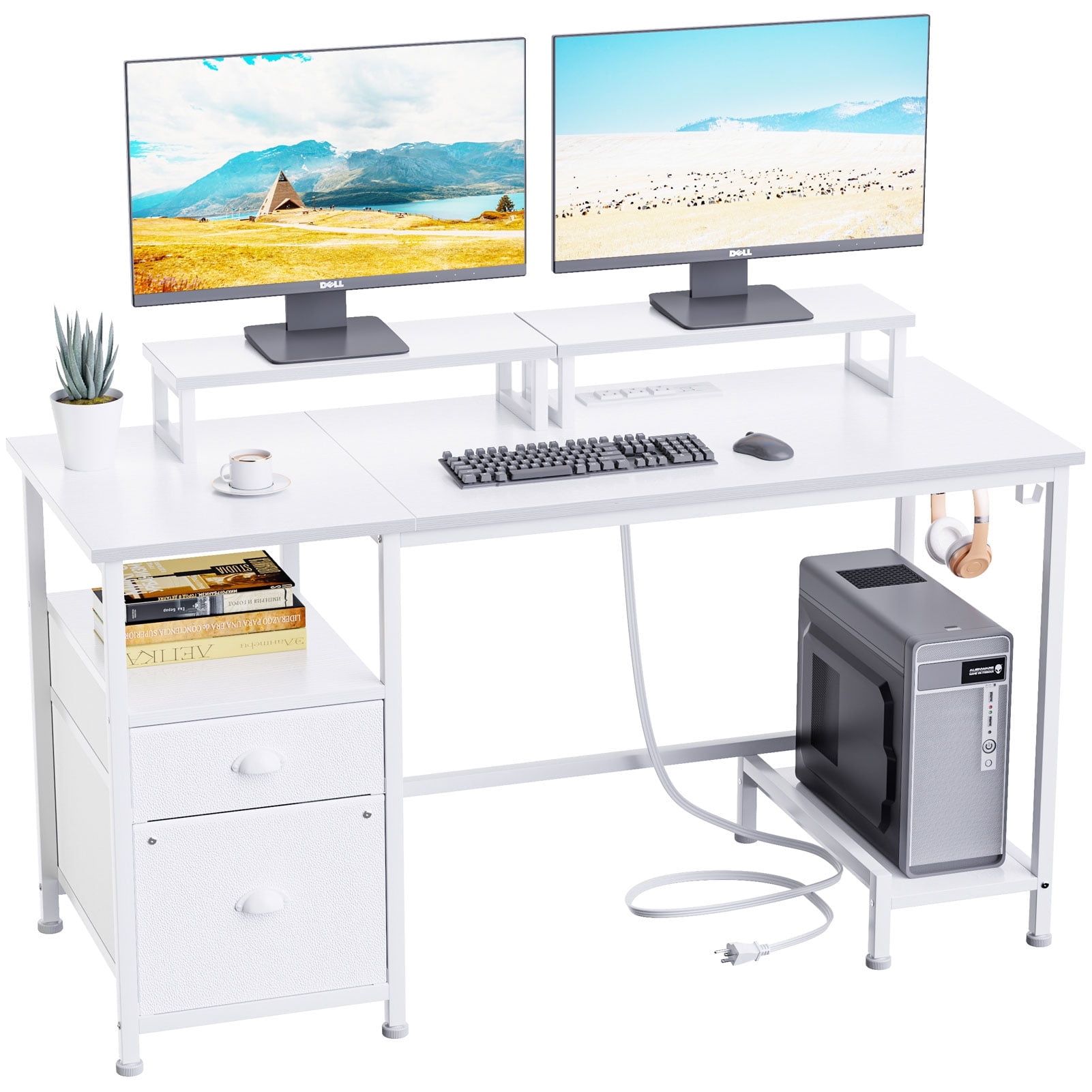 White Adjustable Height Computer Desk with Drawer and Power Outlets