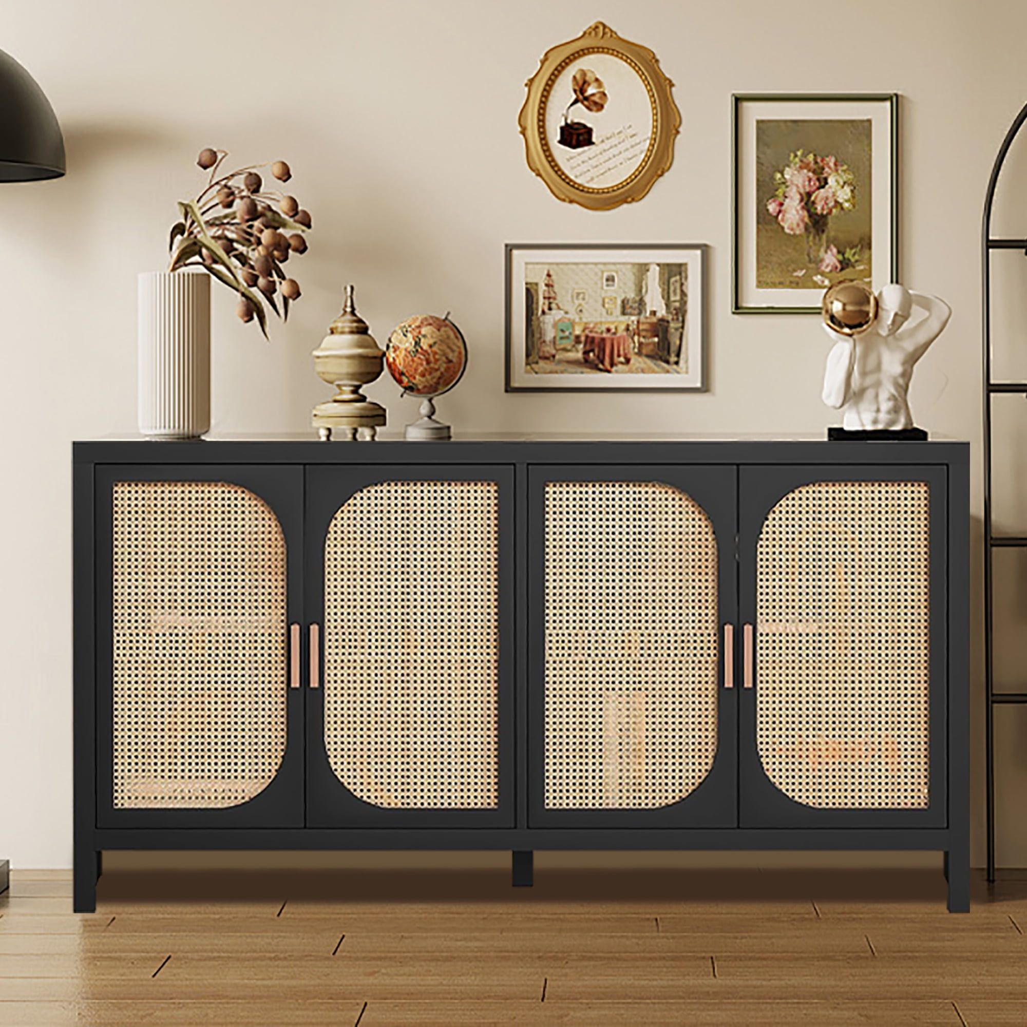 Black Wood Sideboard with Rattan Doors and Shelves