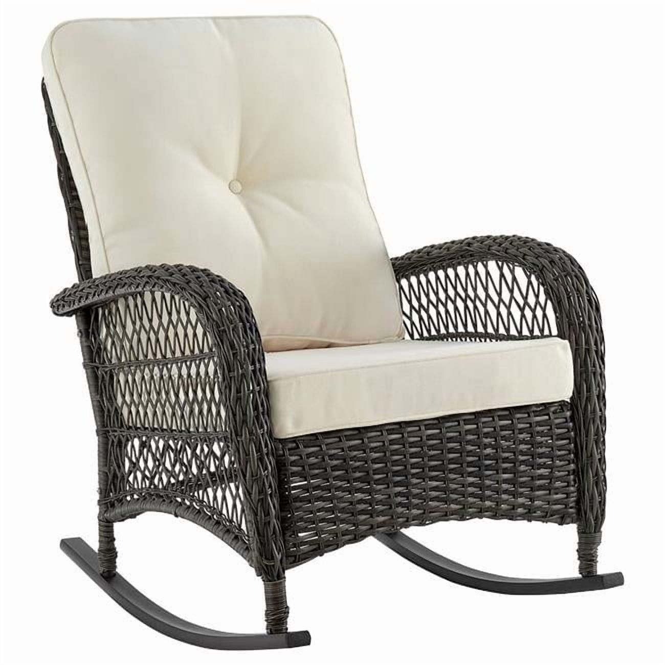 Cream Cushioned Steel Rattan Outdoor Rocking Chair