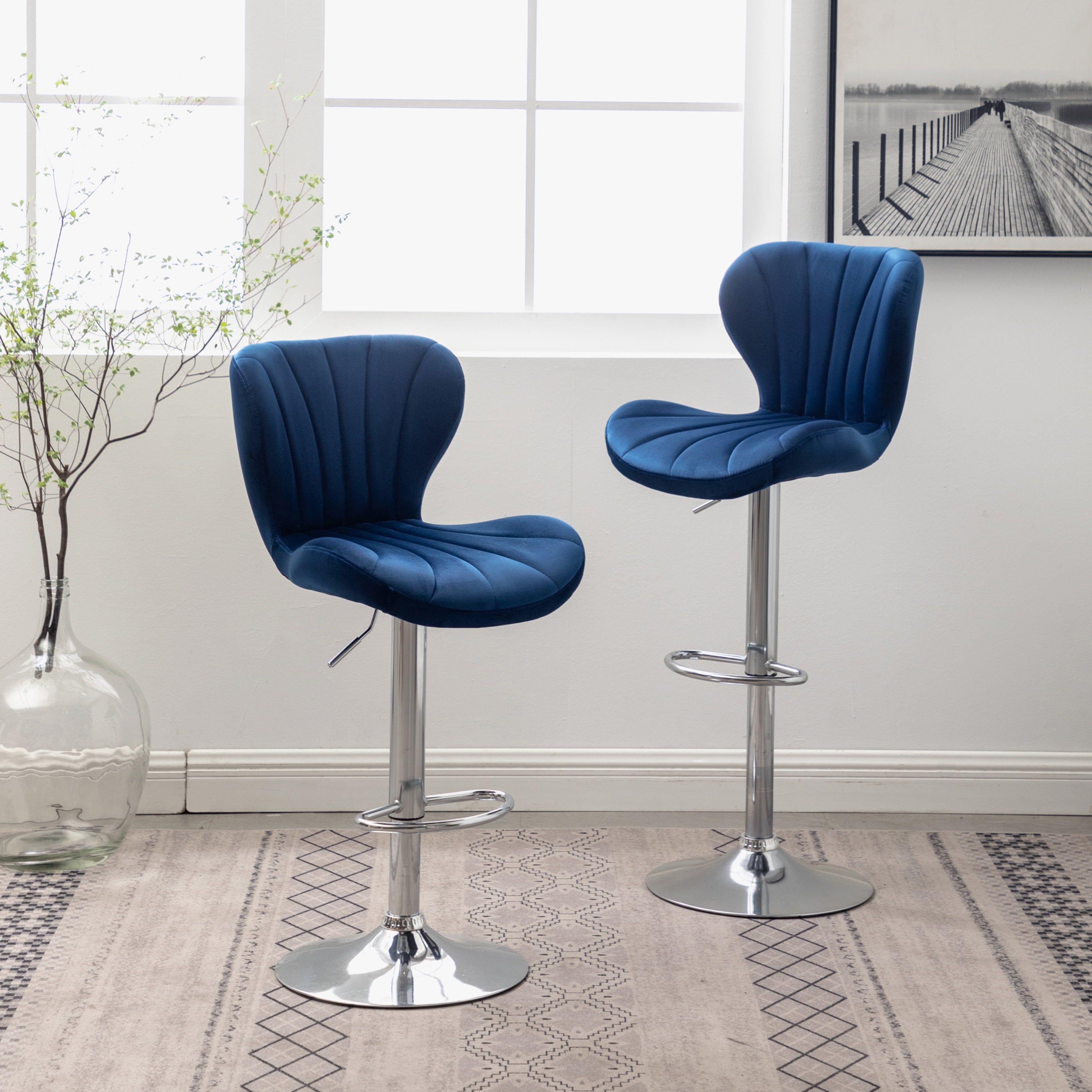 Blue Velvet Adjustable Swivel Bar Stools with Chrome Base, Set of 2