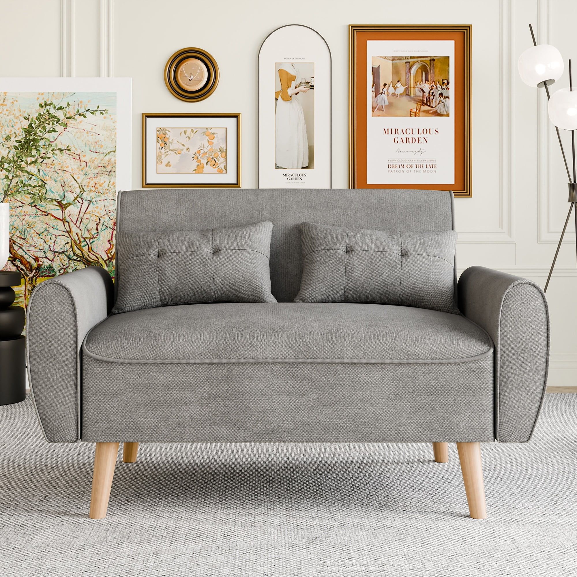 Light Grey Linen Tufted Loveseat Sofa with Wooden Legs