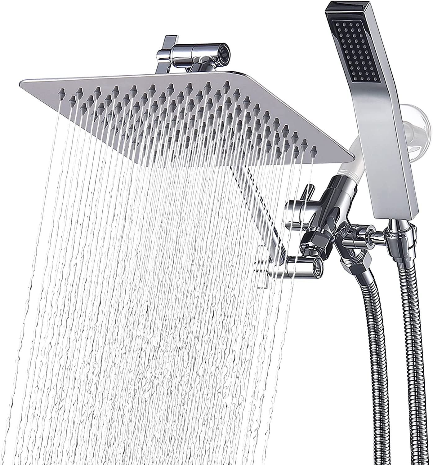 Chrome Dual Square Rain Shower Head Combo with Handheld Wand