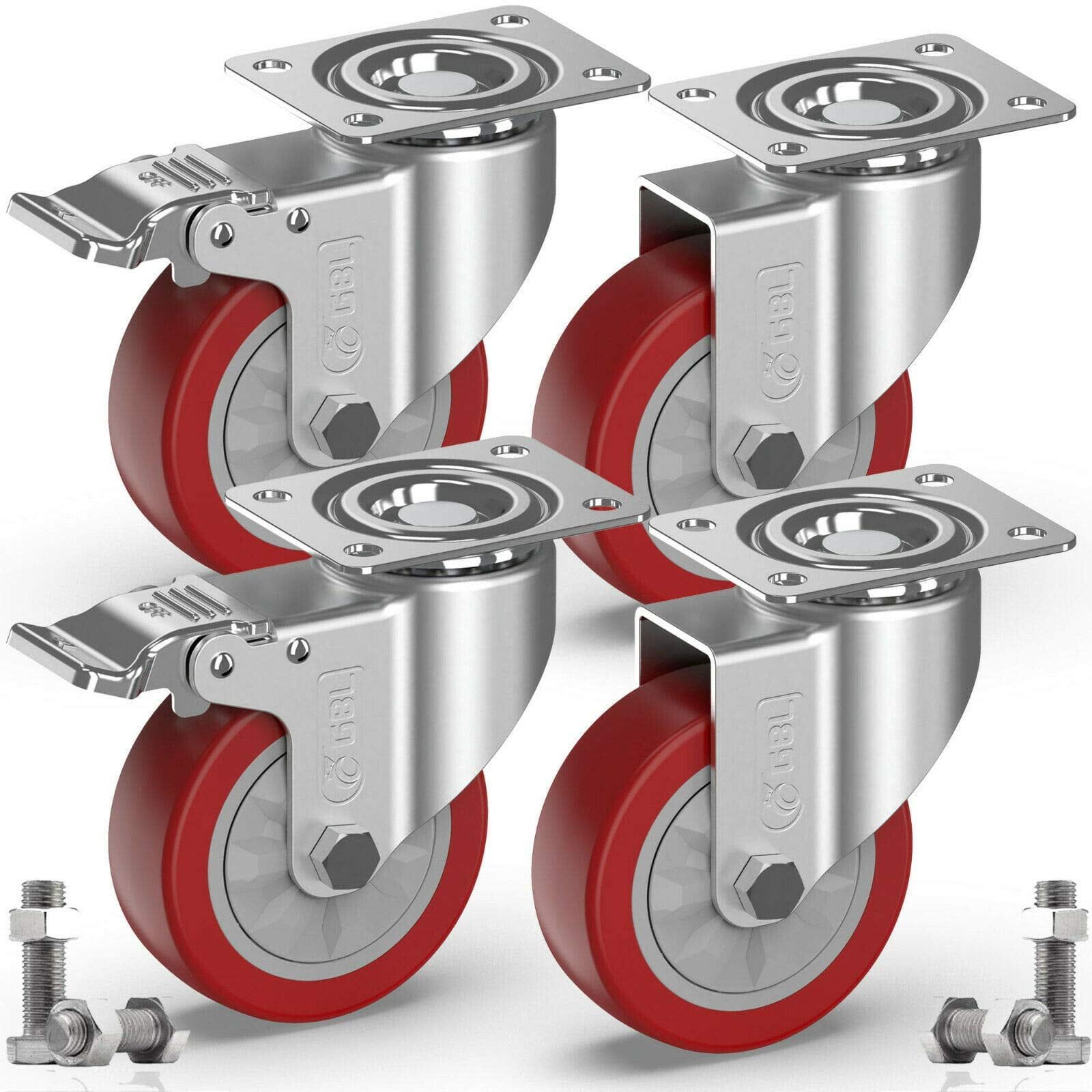 GBL 4" Heavy Duty Red Polyurethane Caster Wheels with Brakes