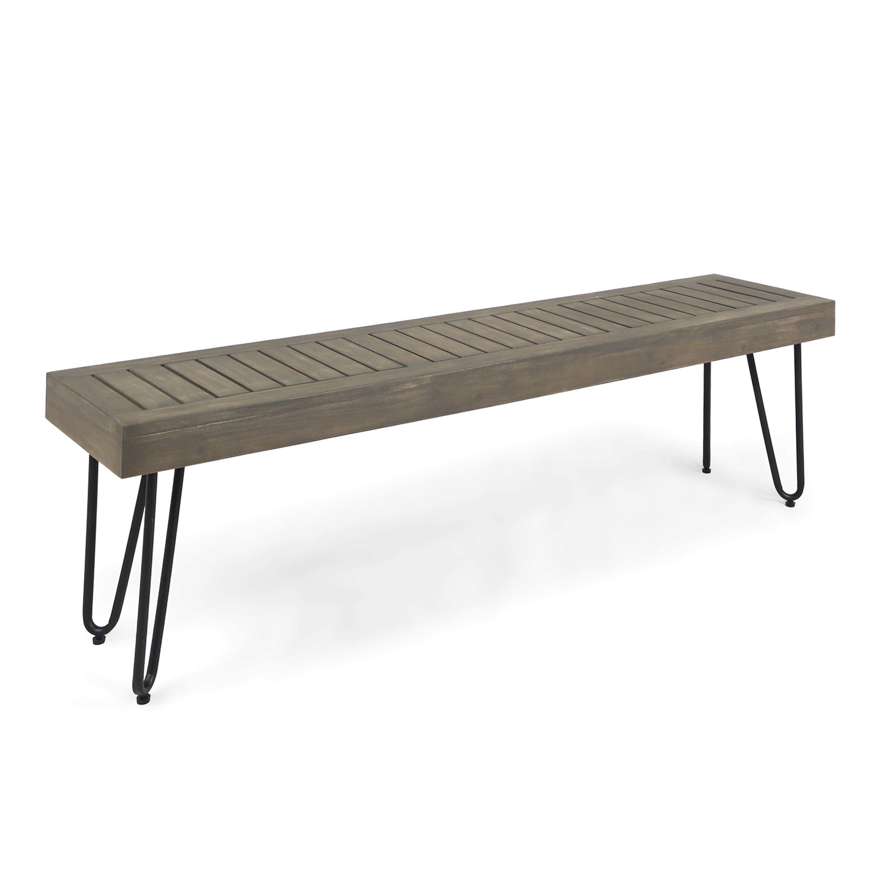 Gray Acacia Wood and Metal Outdoor Bench with Hairpin Legs